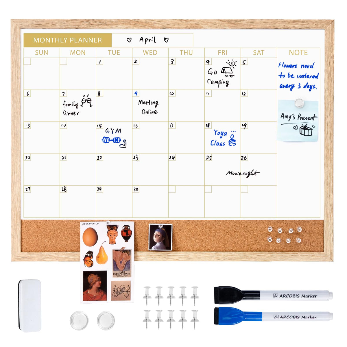 ARCOBIS Calendar Whiteboard with Cork Board, 24"x18" Wood Frame Dry Erase Calendar for Wall, Magnetic Monthly Combination Board for Home, Office, School, Kitchen, Beige