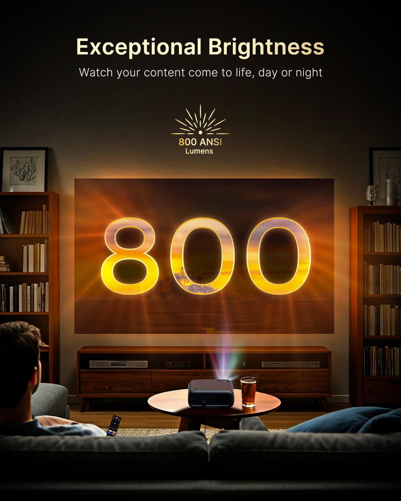 NexiGo PJ40 Ultra Outdoor Projector, Compatible with Netflix/YouTube/Prime Video, 800 ANSI Lumens, AI Image Enhancement, Native 1080p Video Projector, 20W Speaker, Auto Keystone