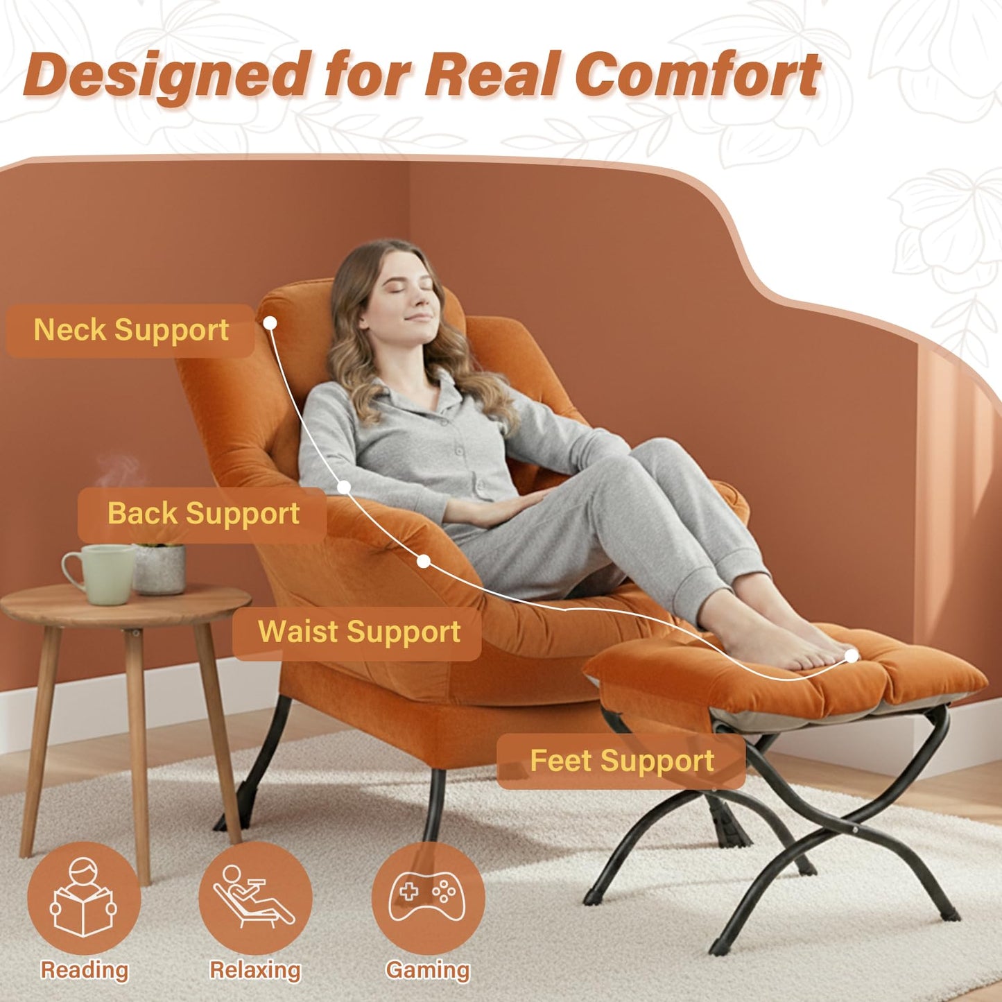 Givjoy Lazy Chair and Ottoman, Large Accent Orange Velvet Chair with Side Pocket, Modern Leisure Upholstered Reading Armchair with Footrest for Office, Bedroom, Living Room, Dorm Rooms, Balcony