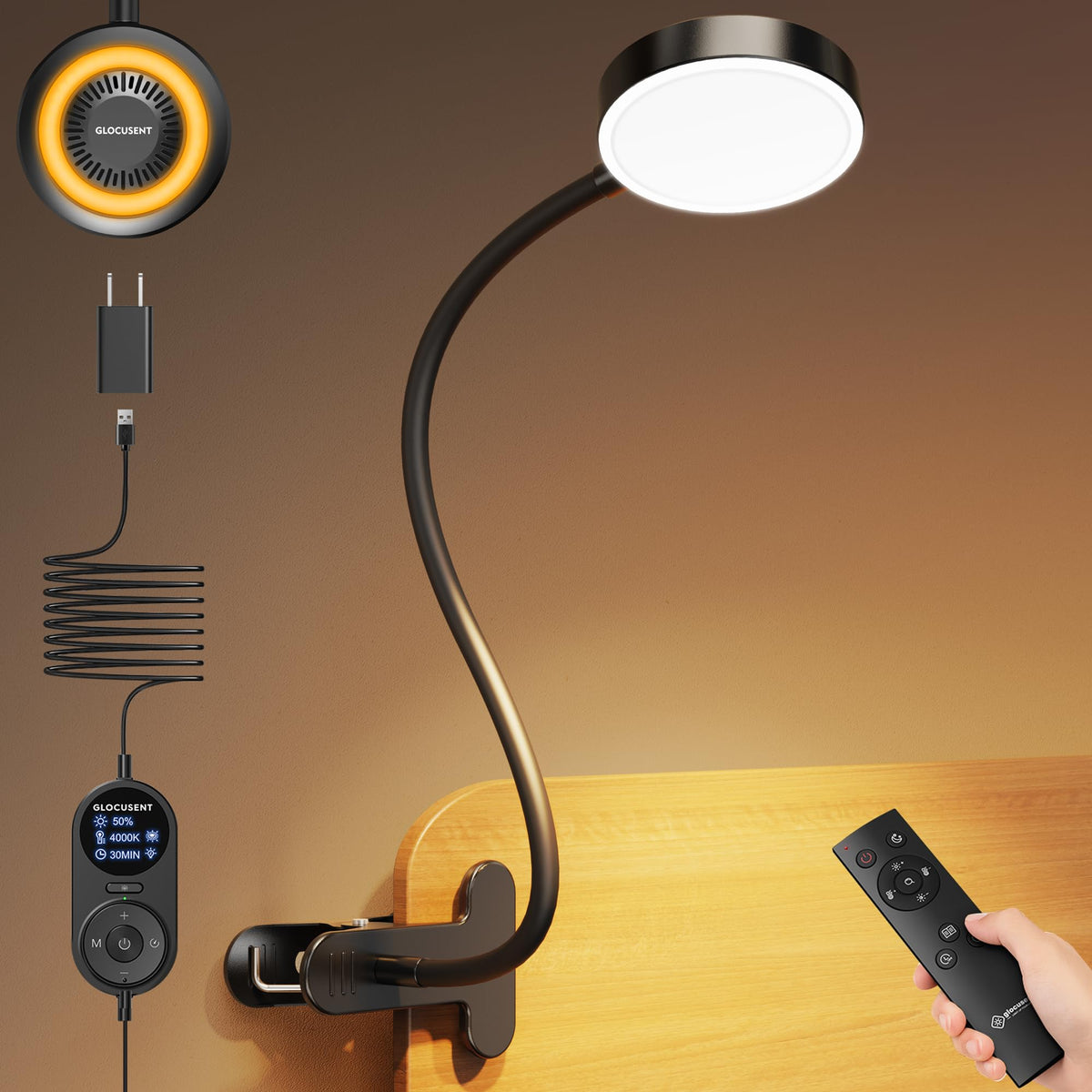 Glocusent 72 LED Clip on Lamp with Remote, Reading Light with Amber Ring, 3 Colors & 5 Dimmable Bed Lamp, 30/60-Min Auto Off Timer, Clamp Light for Headboard/Dorm/Bunk (Black)