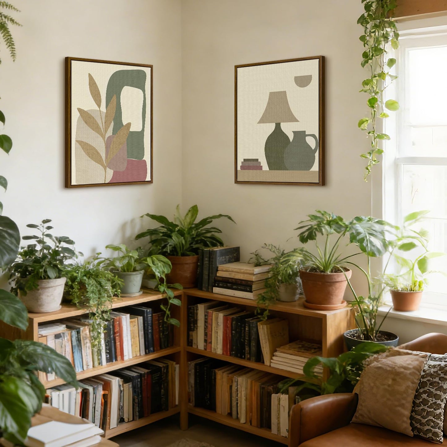 Framed Minimalist Botanical Wall Art, Set of 2 Neutral Boho Canvas Prints with Leaf and Geometric Motifs, Soft Earth Tone Artwork for Modern Farmhouse, Office, Dining Room Decor, 12x16 Inch