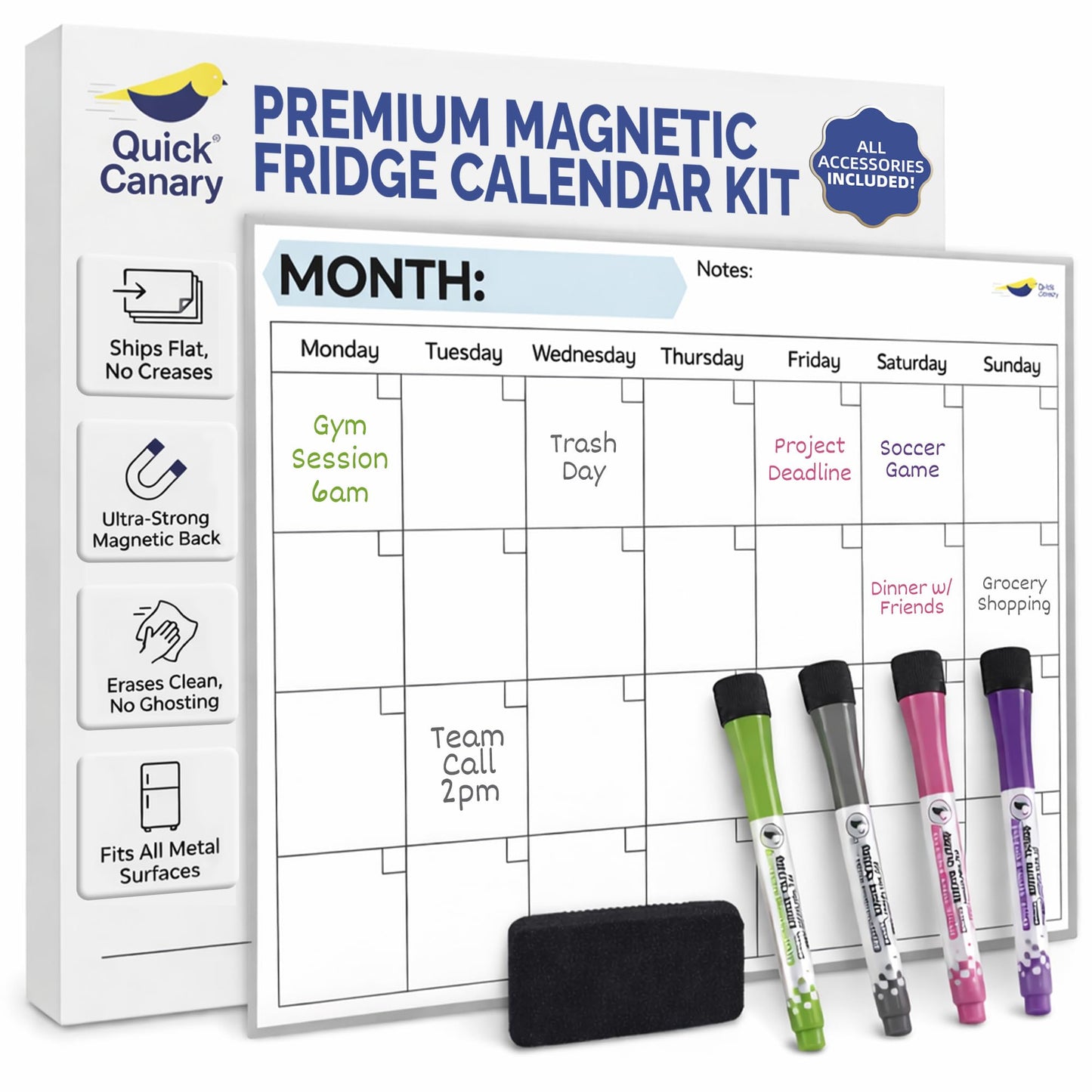 Monthly Magnetic Calendar for Refrigerator - 17x12” Stain-Resistant Dry Erase Fridge Calendar Whiteboard with Large Writing Space for Schedules, Chores & Meals - With 4 Markers & Eraser - Monday Start