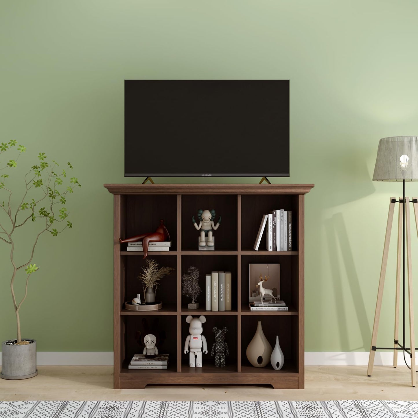 OSCHF Cube Shelf Bookcase with Base - Wooden 3 Tiers Floor Standing Low Storage Cabinet for Home and Office, 9-Cube Lattice Bookshelf, Walnut