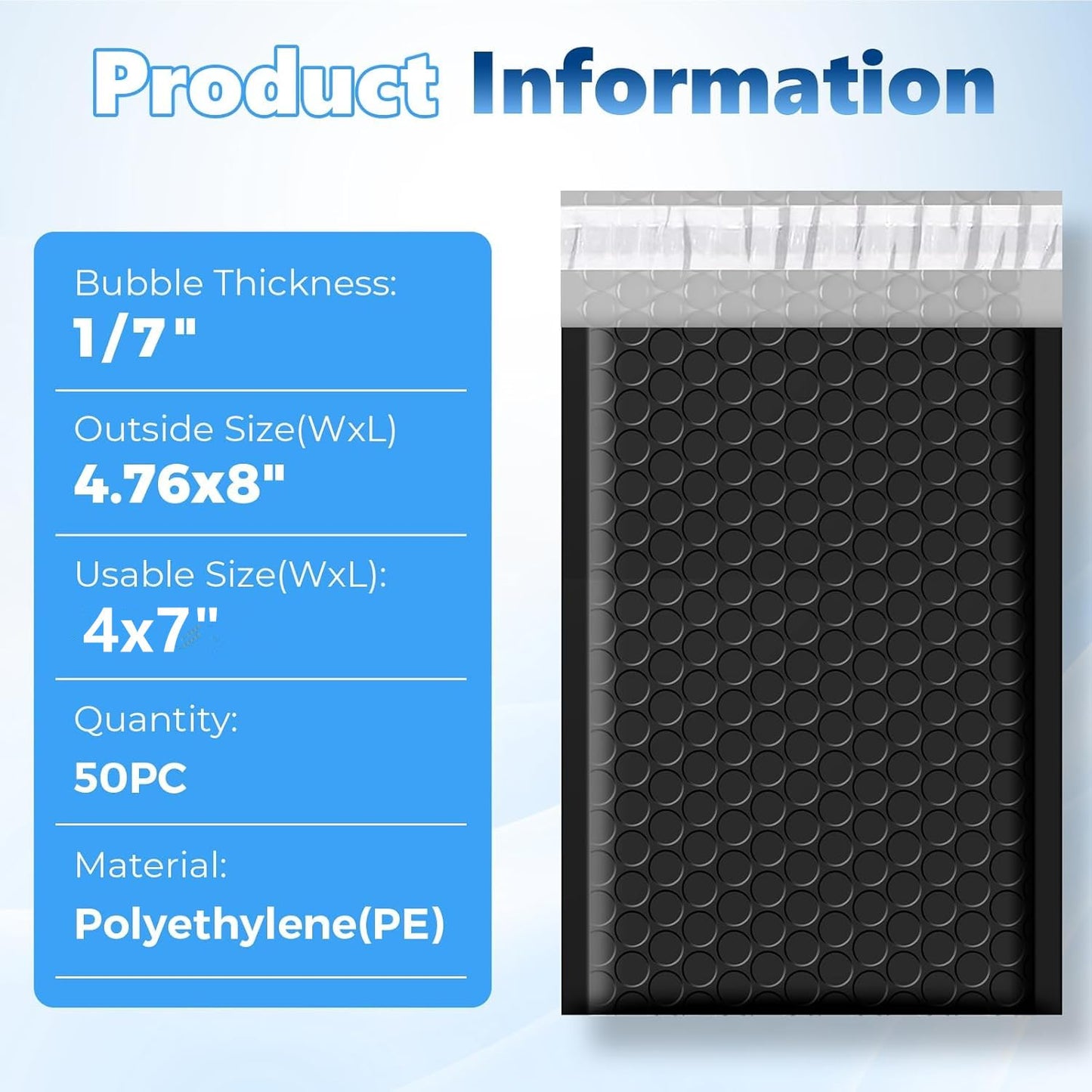 Metronic Extra Deep Bubble Mailers Usable Size 4x7" 50 Pack Padded Envelopes 4.76x8" Self Seal Adhesive Waterproof bubble envelopes Shipping Bag for Sports Cards,Jewelry,Small Business,Black,#000
