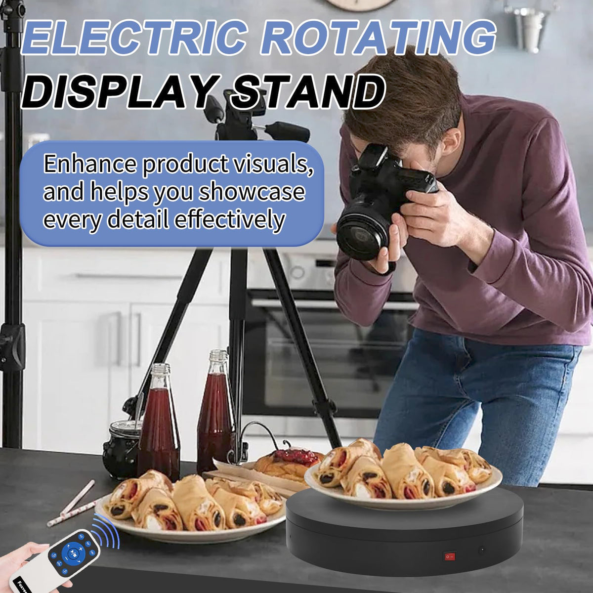 Foxvee Remote-Controlled Motorized Turntable,Motorized Rotating Display Stand,Speed-Adjustable Rotating Platform,Multi-Mode 360° Photography Turntable for 3D Scan,Photography,Showcase(7.87inch/Black)