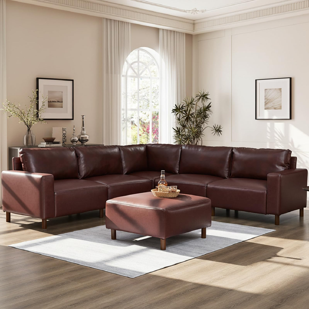 KEIKI PU Leather Sectional Couch Sofa Set with Ottoman, Luxury 6 Seater U-Shaped Sleeper Cloud Couches Bed, Comfy Modular Convertible L-Shaped Sofabed for Office Living Room, Easy Assembly, Burgundy