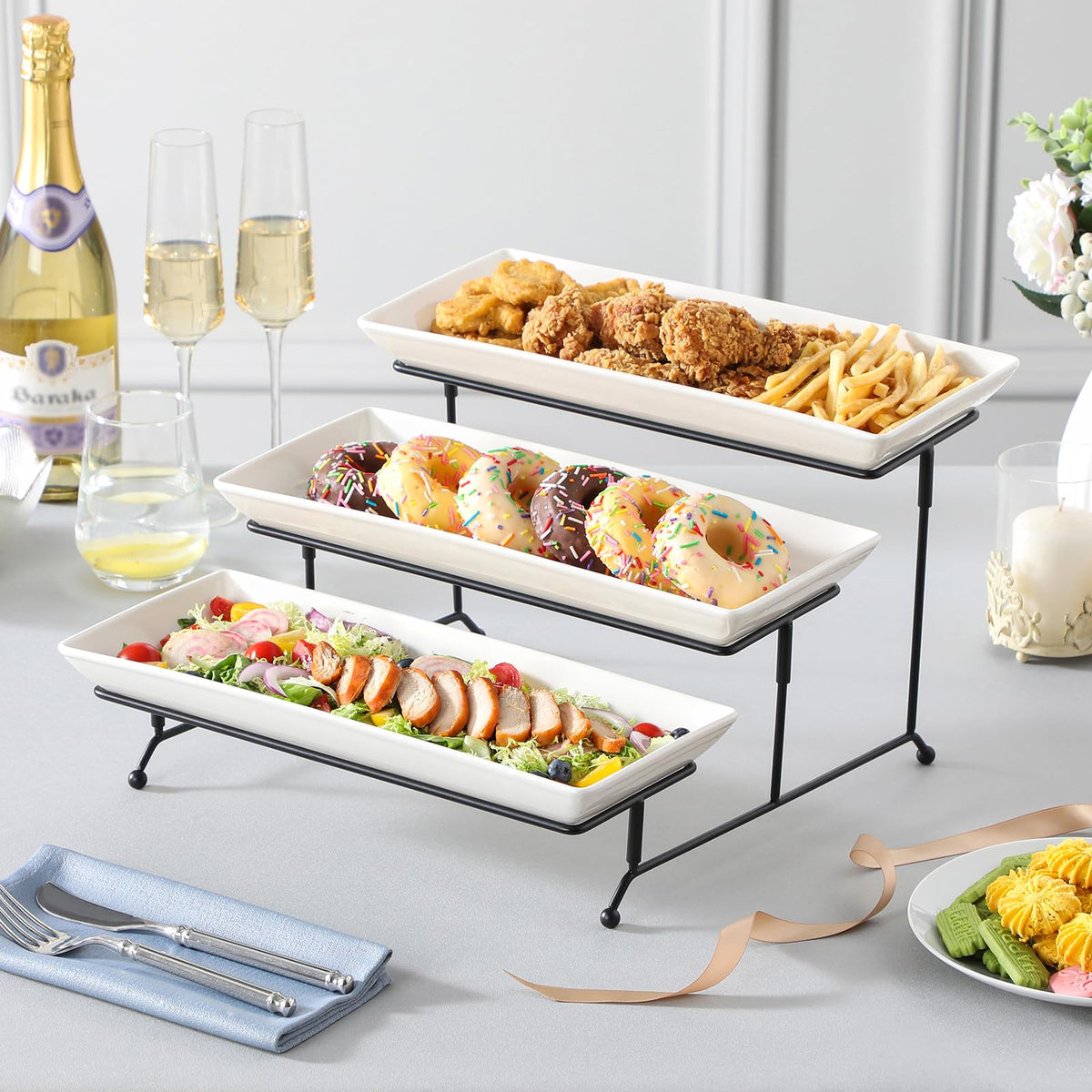 MALACASA 3 Tier Serving Tray, Porcelain Tiered Cupcake Stand, Ceramic Elevated Serving Platter with Collapsible Sturdier Rack,Series PLAT (White, 14 Inch)