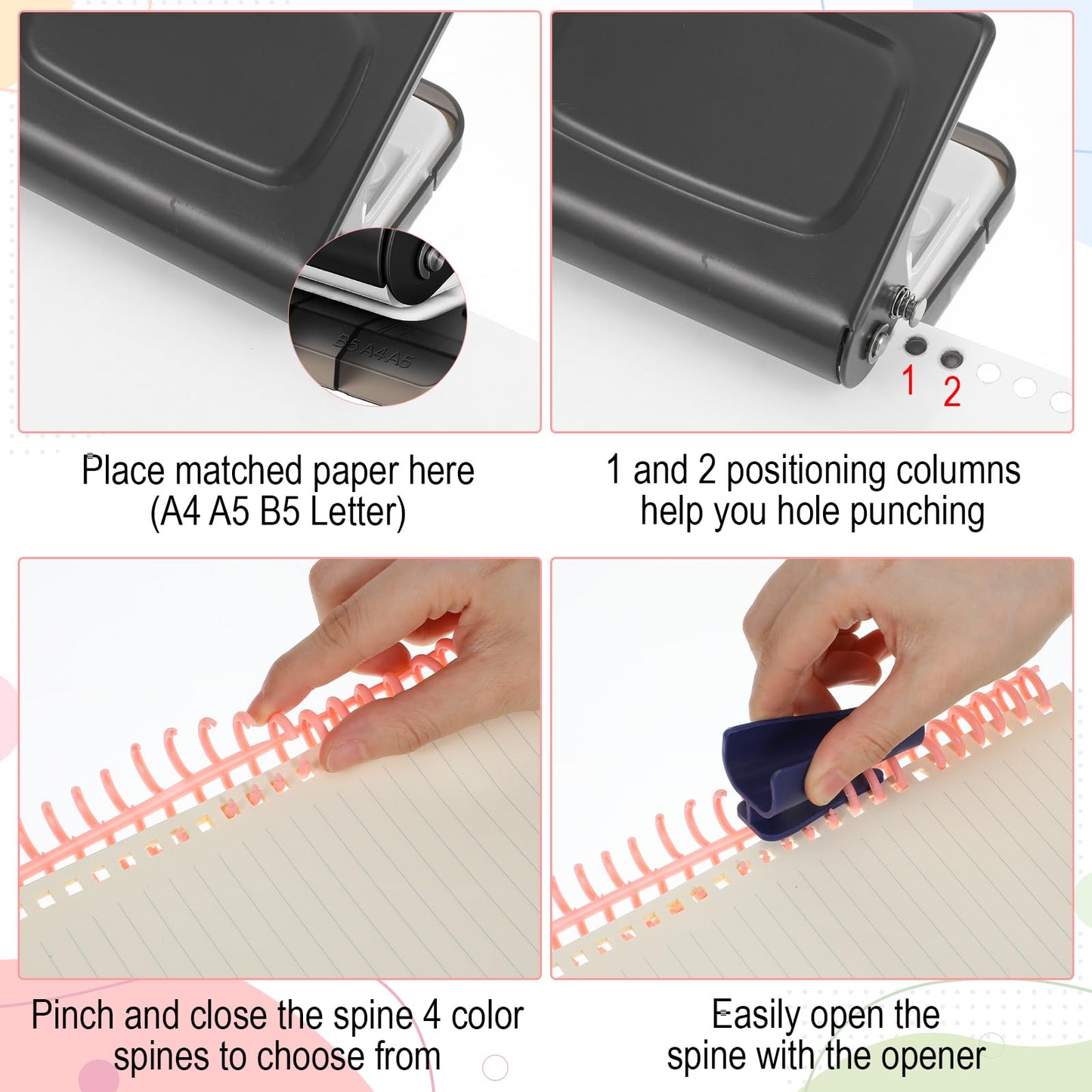 PercyEffie Grey 10-Hole Binding Machine for Planner with 20pcs Comb Binding Spines, Plastic Spiral Bindings Coils，30 Holes on A4,20 Holes on A5,26 Hole on B5,10 Sheet Capacity