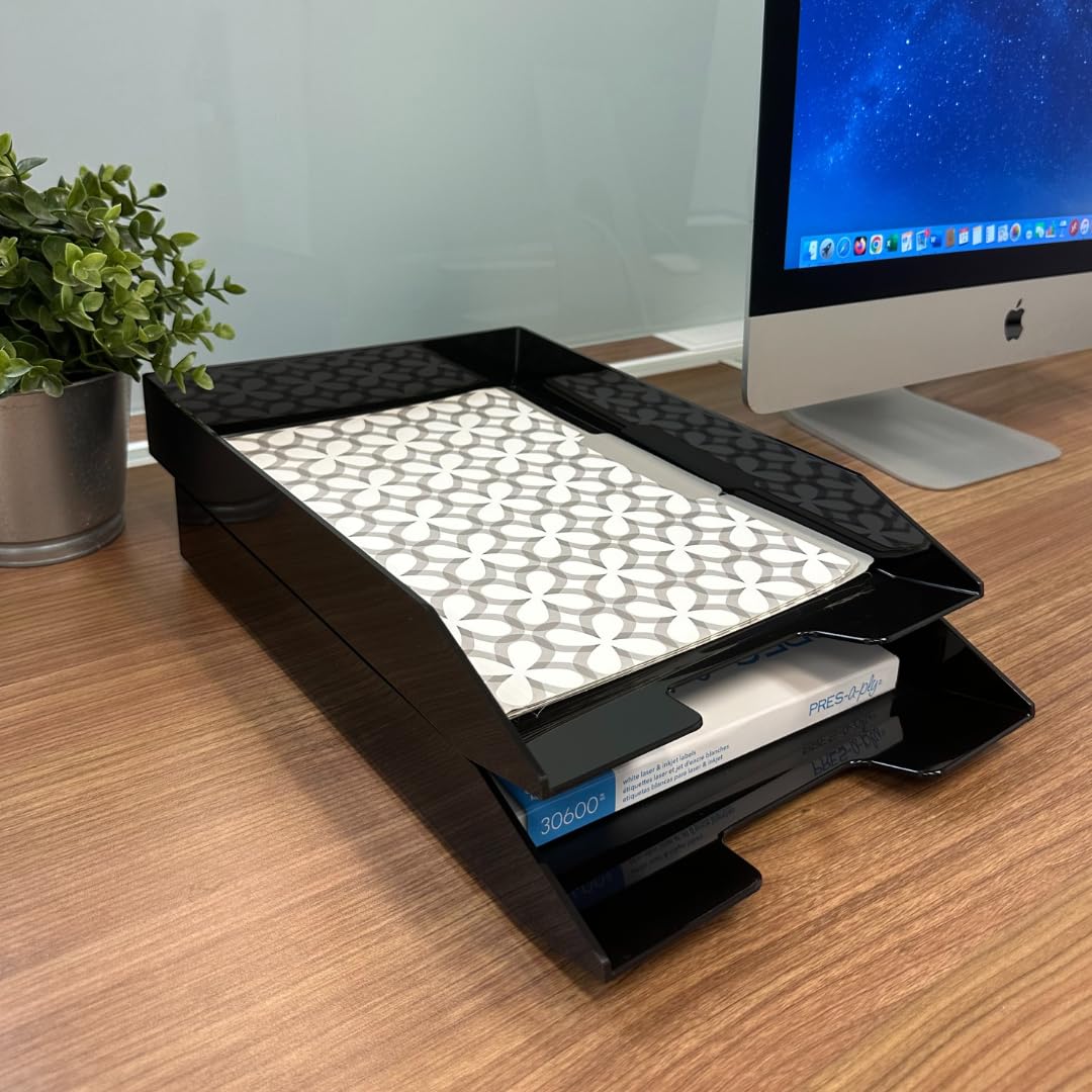 Acrimet 2 Tier Paper Organizer Letter Tray - Plastic Stackable Desk File Organizer, Front Load Paper Sorter Organizer for Letter/A4 Office File Folder Holder - Black