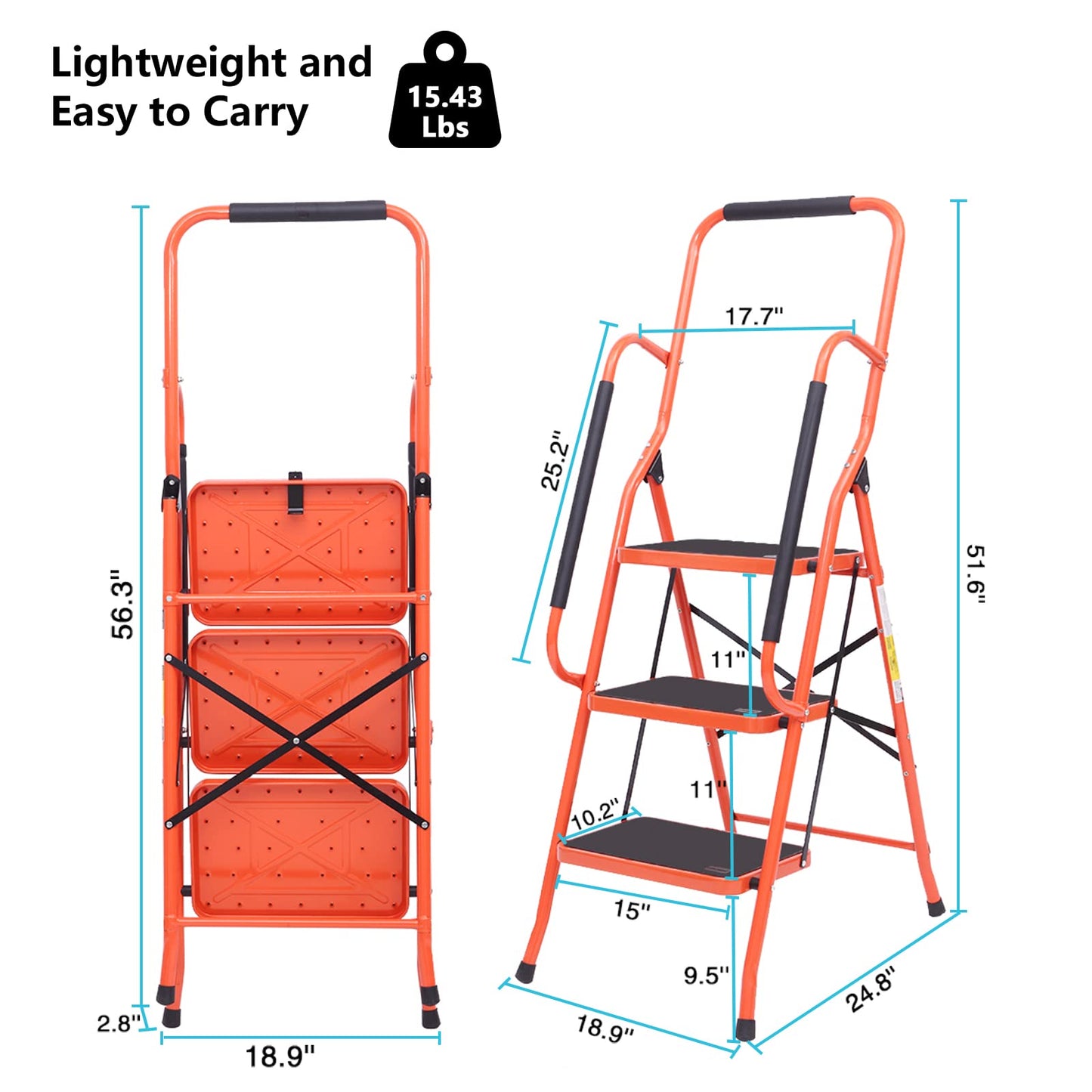 LUISLADDERS 3 Step Ladder Safety Tool Ladder Folding Anti-Slip Step Stool Ladder Padded Side Handrails with Large Area Pedals for Kitchen Home and Office 330lbs (3 Step)