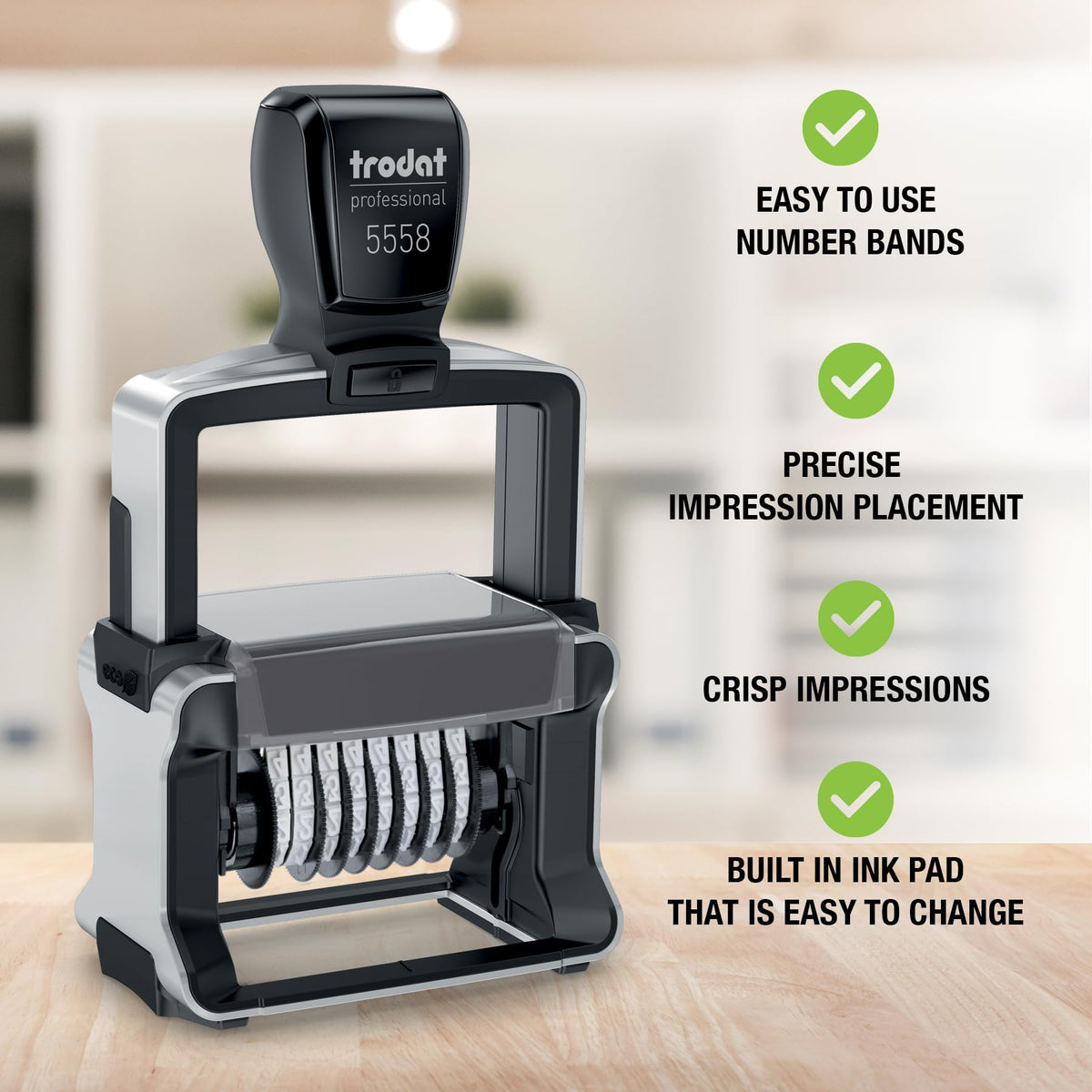 Trodat 5558 Professional Manual Numberer Stamp – 8 Digits, Self-Inking, 3/16" (5 mm) Characters, Black Ink