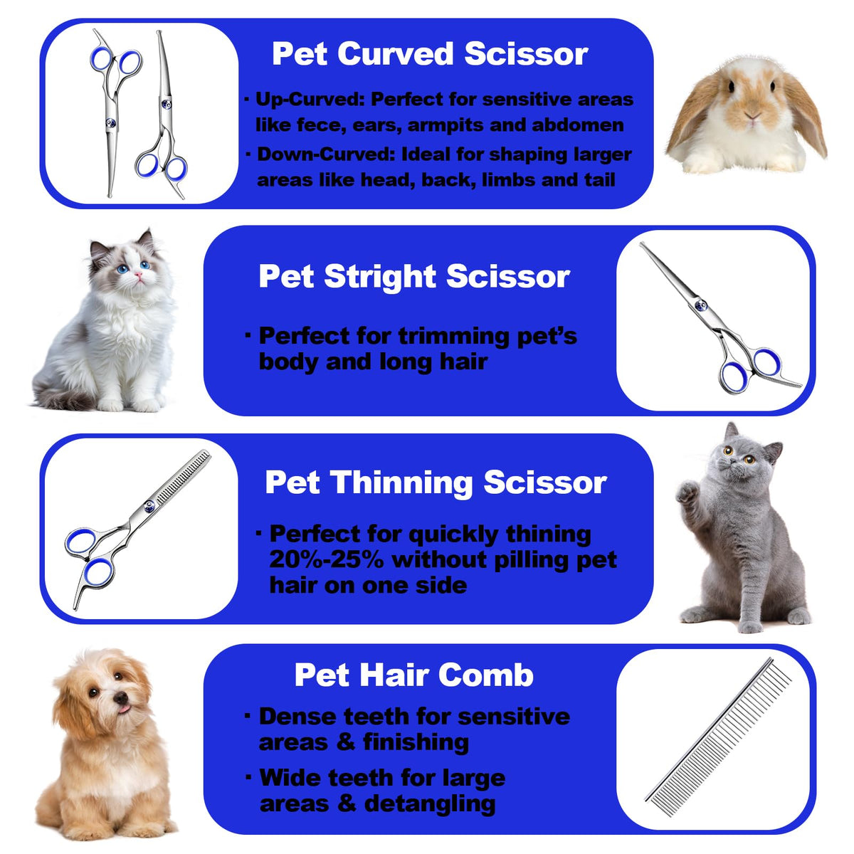 HCHYEY Dog Grooming Scissor, 7-in-1 Pet Grooming Scissor for Dogs, Professional Dog Grooming Kit with Safety Round Tips, Titanium Coated Cat Scissors Kit for Home Grooming (Blue)