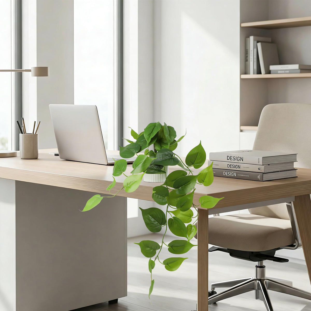WucaFl Fake Pothos Hanging Plant – Artificial Plastic Ivy Vines with White Pot, Realistic Faux Greenery for Indoor Home Office Bathroom Shelf Cabinet Decoration