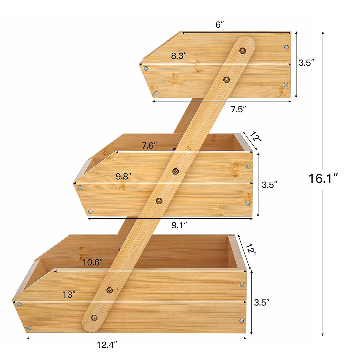 Merysen Large 3 Tier Bamboo Fruit Basket Stand for Kitchen Countertop – Fruit Holder – Suitable for Bread, Vegetables, Produce, Home Storage and Display