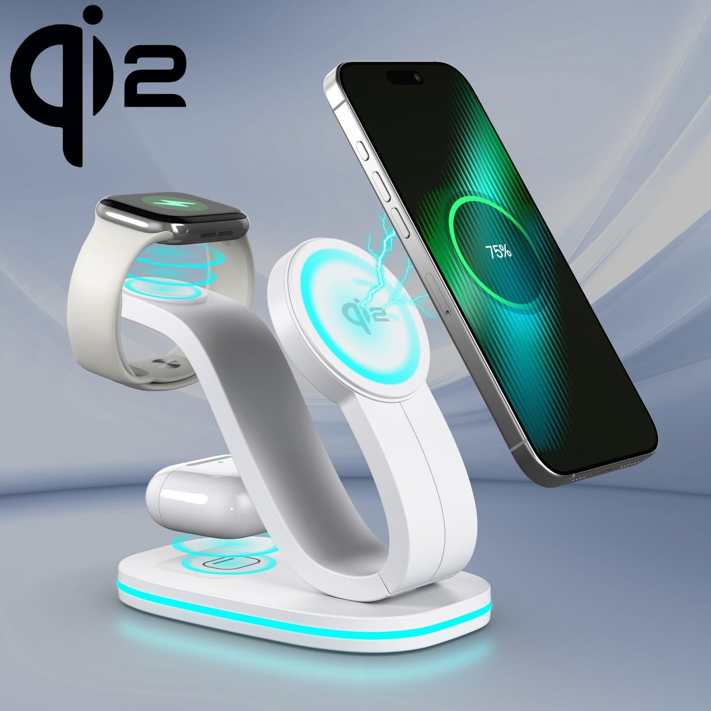 3 in 1 Charging Station for iPhone, Qi2 15W Wireless Charger Station Compatible with Mag-Safe for iPhone 17 16e 16 15 14 13 12 11 X Pro Max & Apple Watch, AirPods, 35W Charger Included (White)