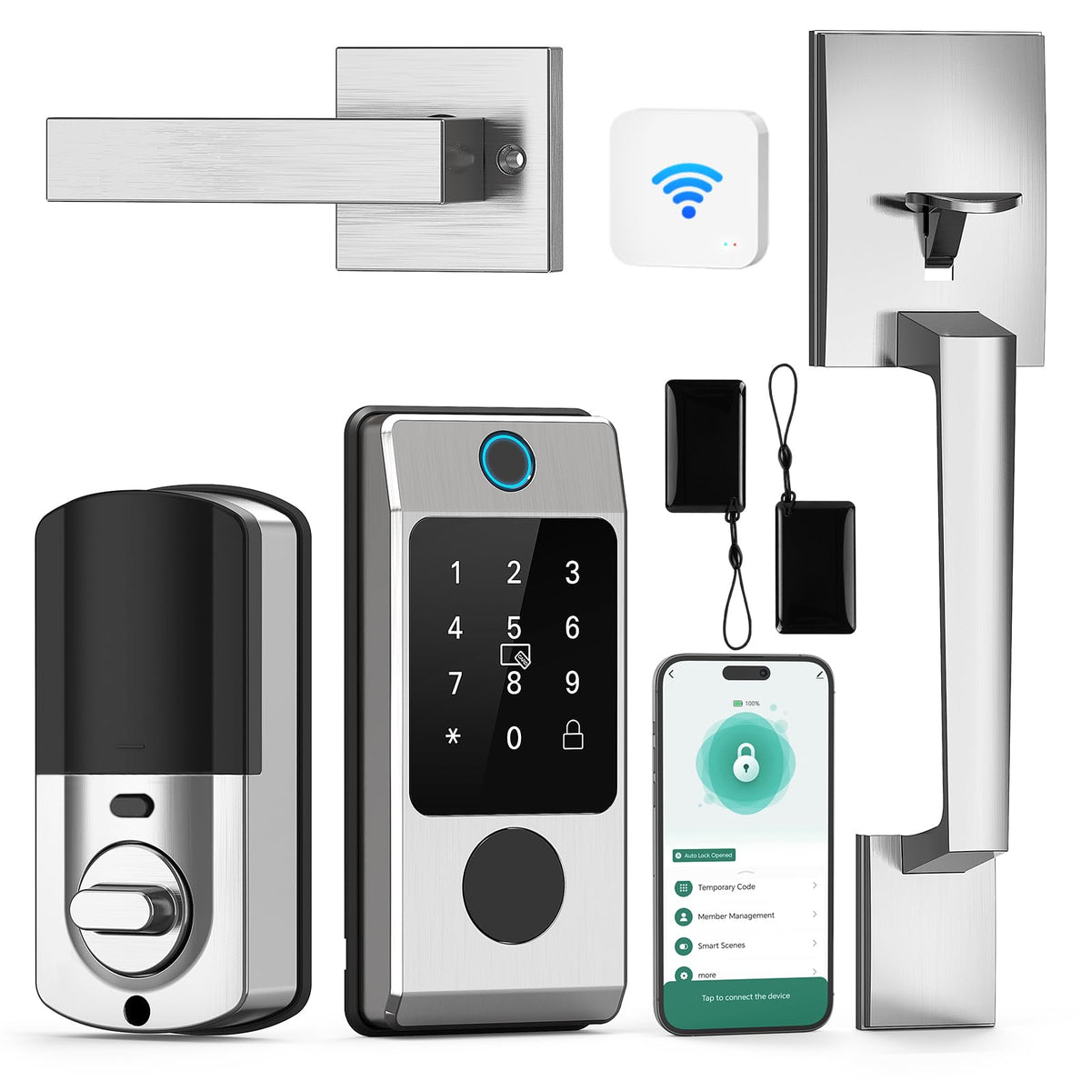 WiFi Front Door Lock Set with Handle, Featuring Fingerprint Keyless Entry, Smart Keypad with Lever Handles, Electronic Screen + WiFi Gateway, App Control, Auto-Lock, and Voice Control-Silver