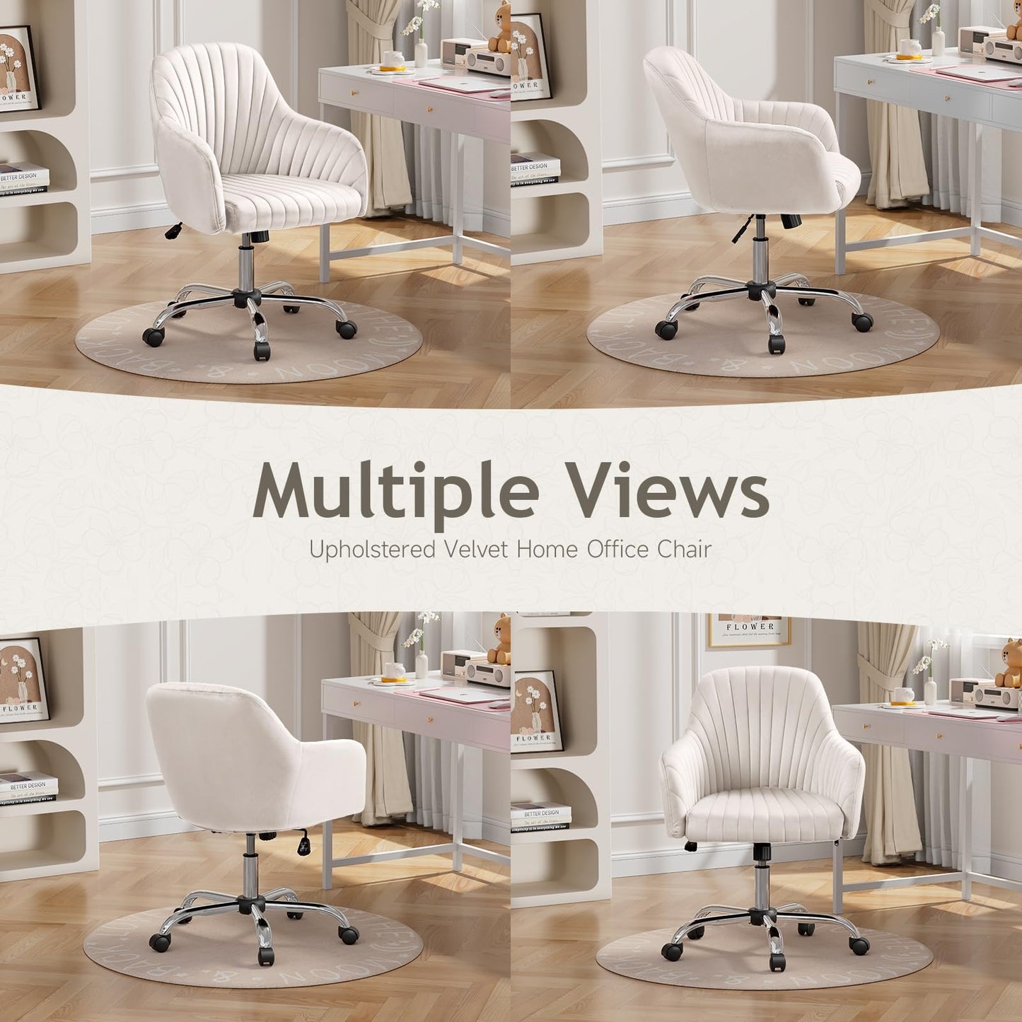 Warmiehomy Velvet Desk Chair for Home Office, Modern Adjustable Swivel Task Chair, Women Vanity Chairs with Arm Rest for Bedroom Dressing Room, Cozy Beige
