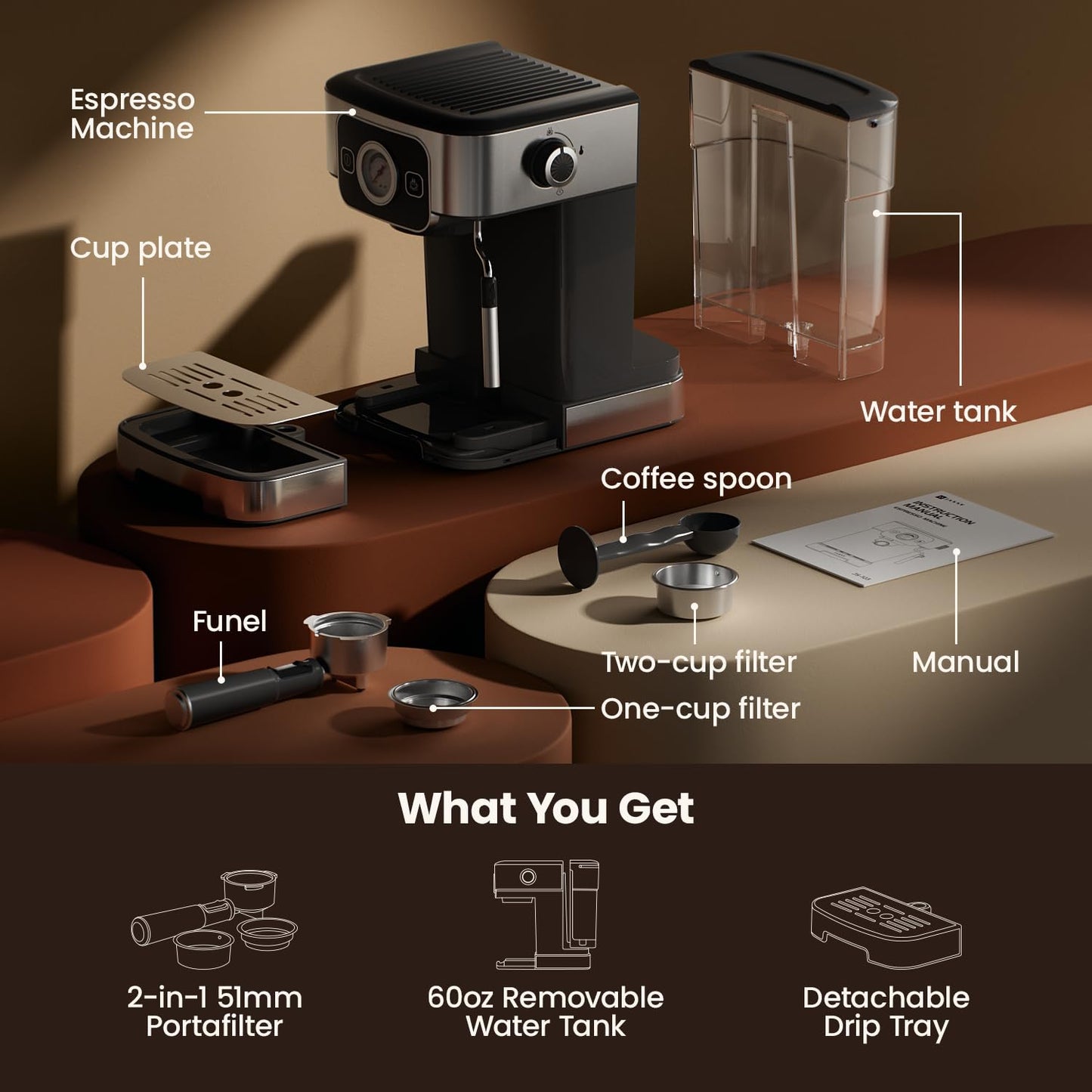 JZ.CAFE Espresso Machine 15-Bar Pump & Temperature Control - 1200W Barista Coffee Maker Kit for Espresso, Latte, Cappuccino