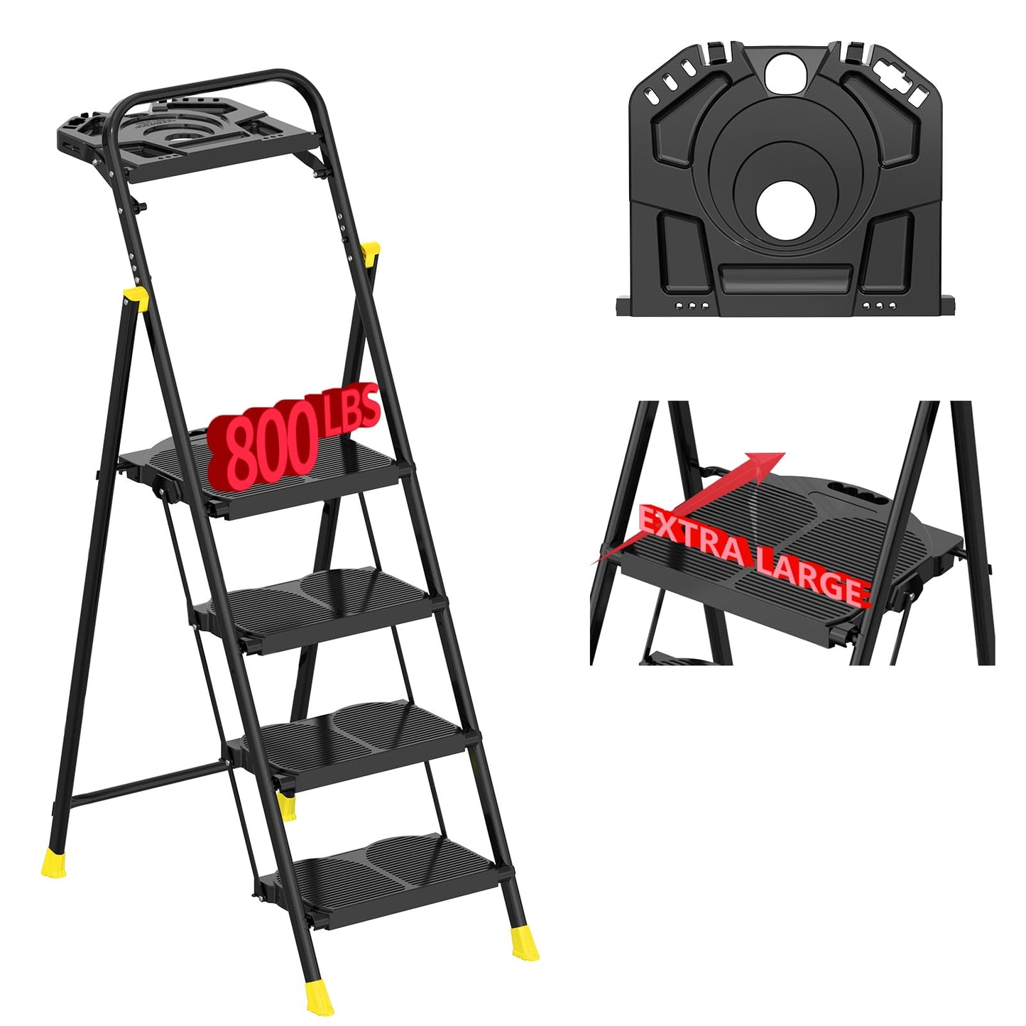4 Step Foldable Step Ladder with Roomy Tool Tray, Platform Ladders Stepstools, Step Stool 4 Step Folding with Wide Non-Slip Pedals and 800lbs Bearing Capacity for Adults, Home, Kitchen, Black Yellow