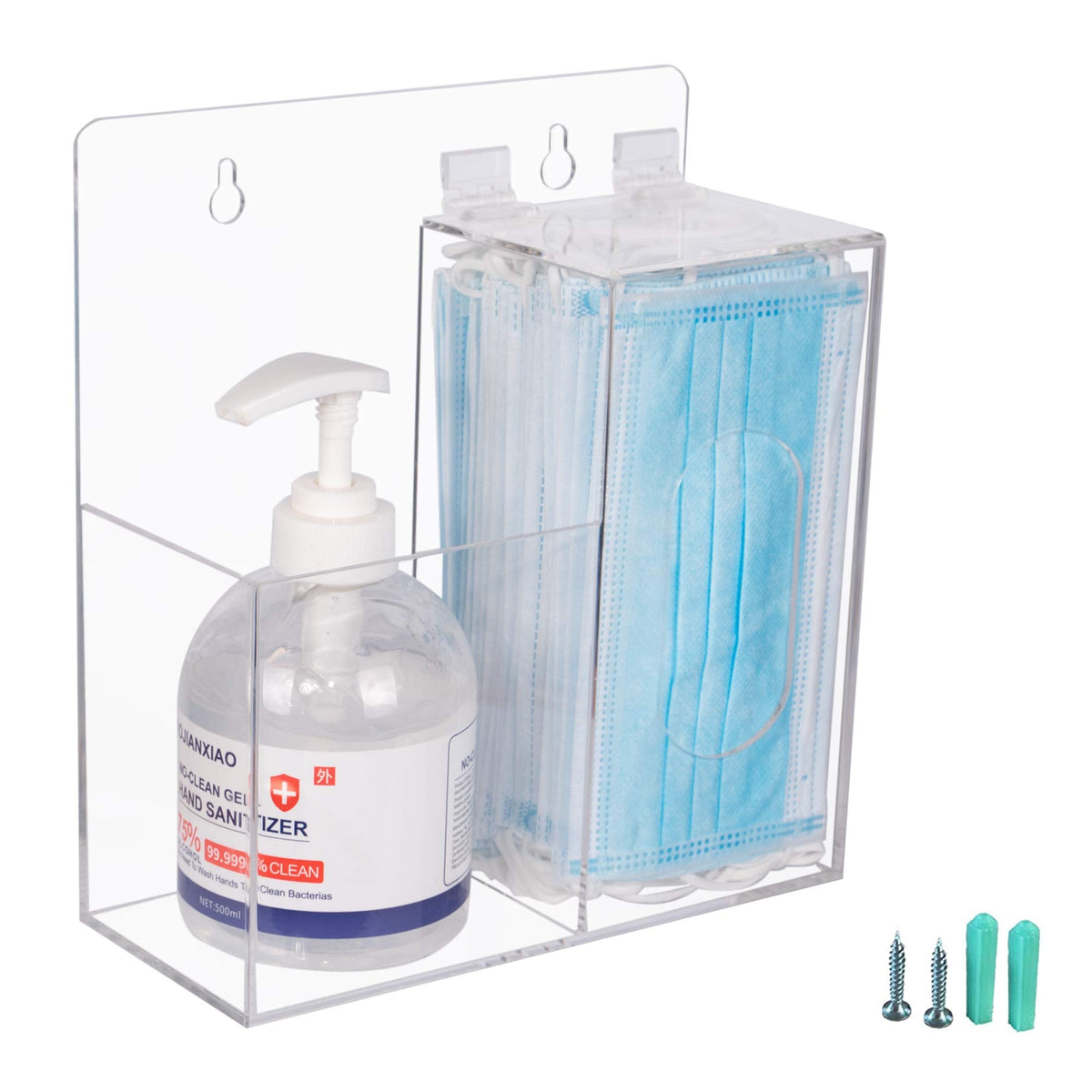 Aphbrada Acrylic Mask Dispenser & Hand Sanitizer Holder Stand Wall Mount or Countertop, Hygiene Station with 2 Compartment Clear Box Dispenser Holder for Face Masks, Gloves, Hairnets, Spray Bottle
