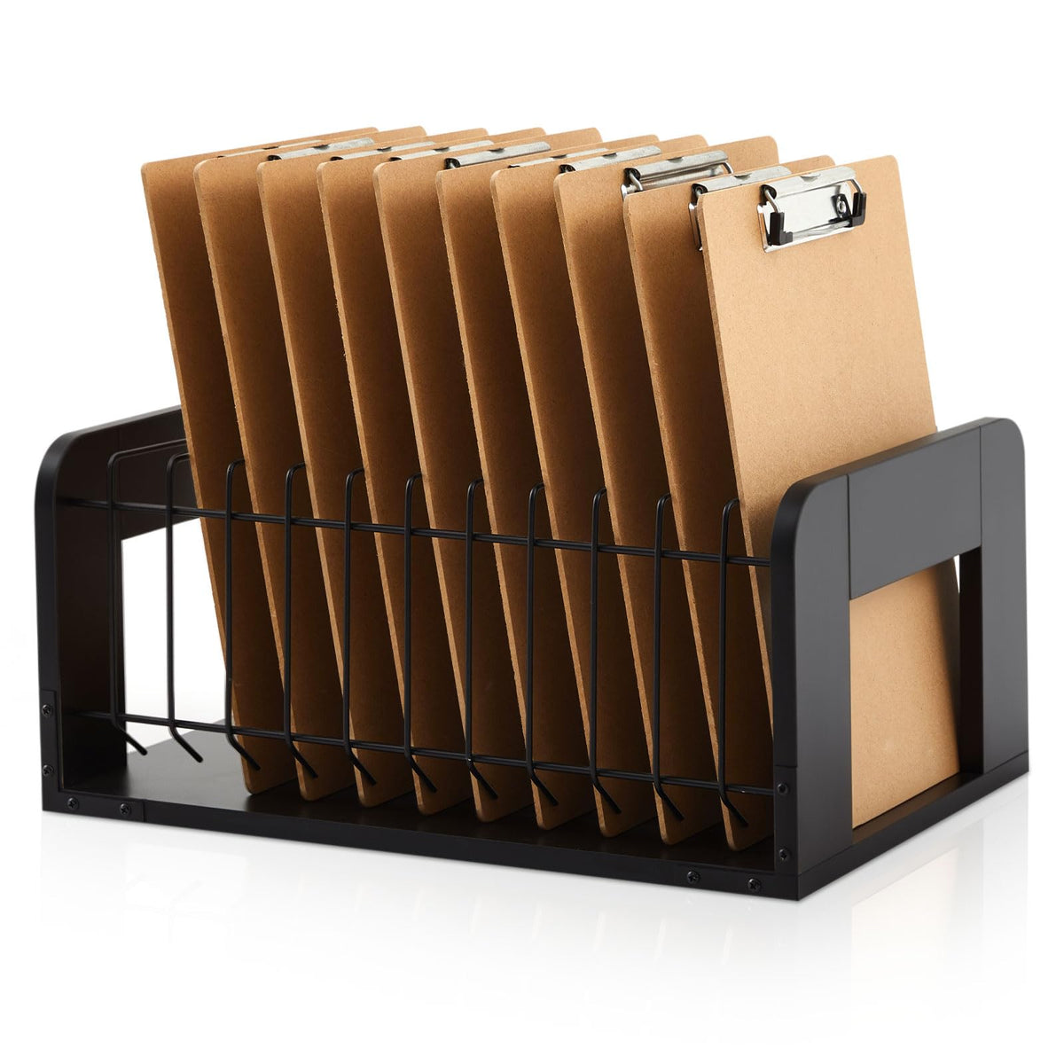 Yookeer 1 Pcs Vertical Clipboard Holder, Desk File Organizer Storage Rack, 12 Slot Wooden and Metal Clipboard Organizer, Storage Stand Rack for Home, Office, No Assembly Required (Black)