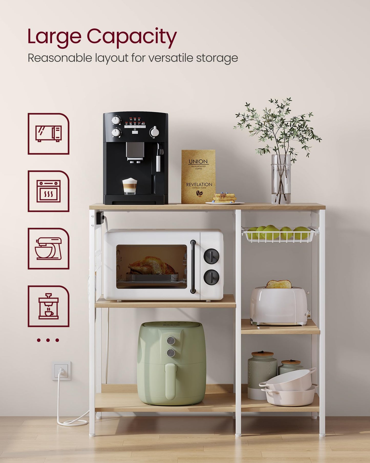 VASAGLE Baker's Rack, Coffee Bar Stand with Charging Station, 35.6 Inches Tall, Storage Shelves, Pull-Out Wire Basket, Table for Microwave, Kitchen, Oak Beige and Ink Black UKKS036Y09