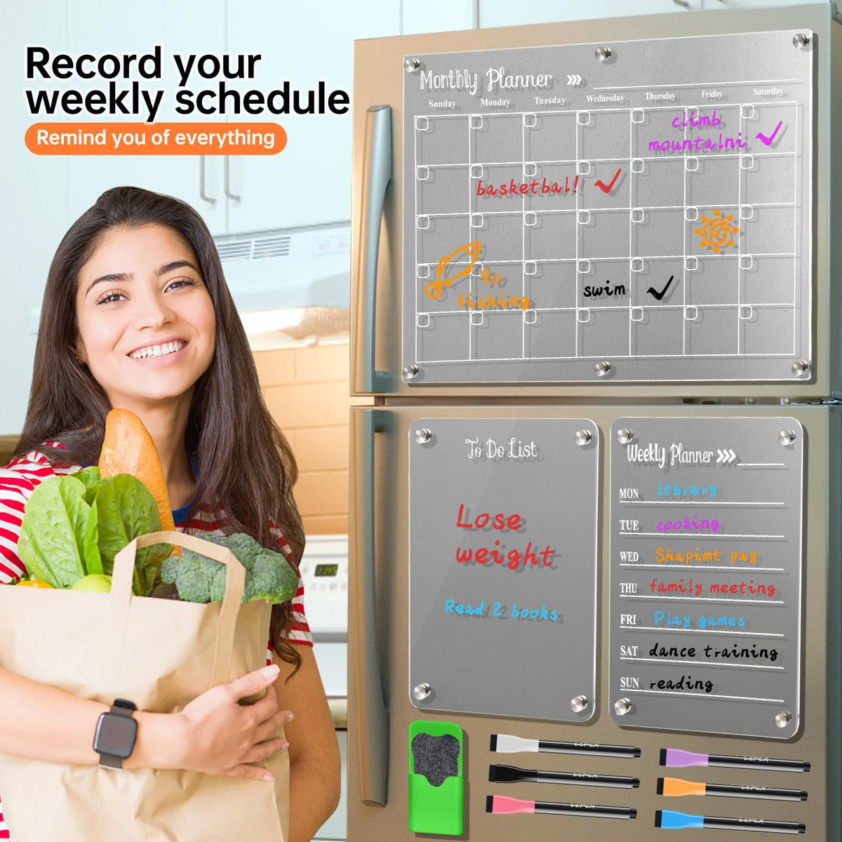 LCPCX Acrylic Magnetic Dry Erase Board for Fridge, Set of 3 Transparent Monthly & Weekly Planning Boards, Includes 6 Dry Erase Markers, 1 Eraser and Magnetic Pen Holder