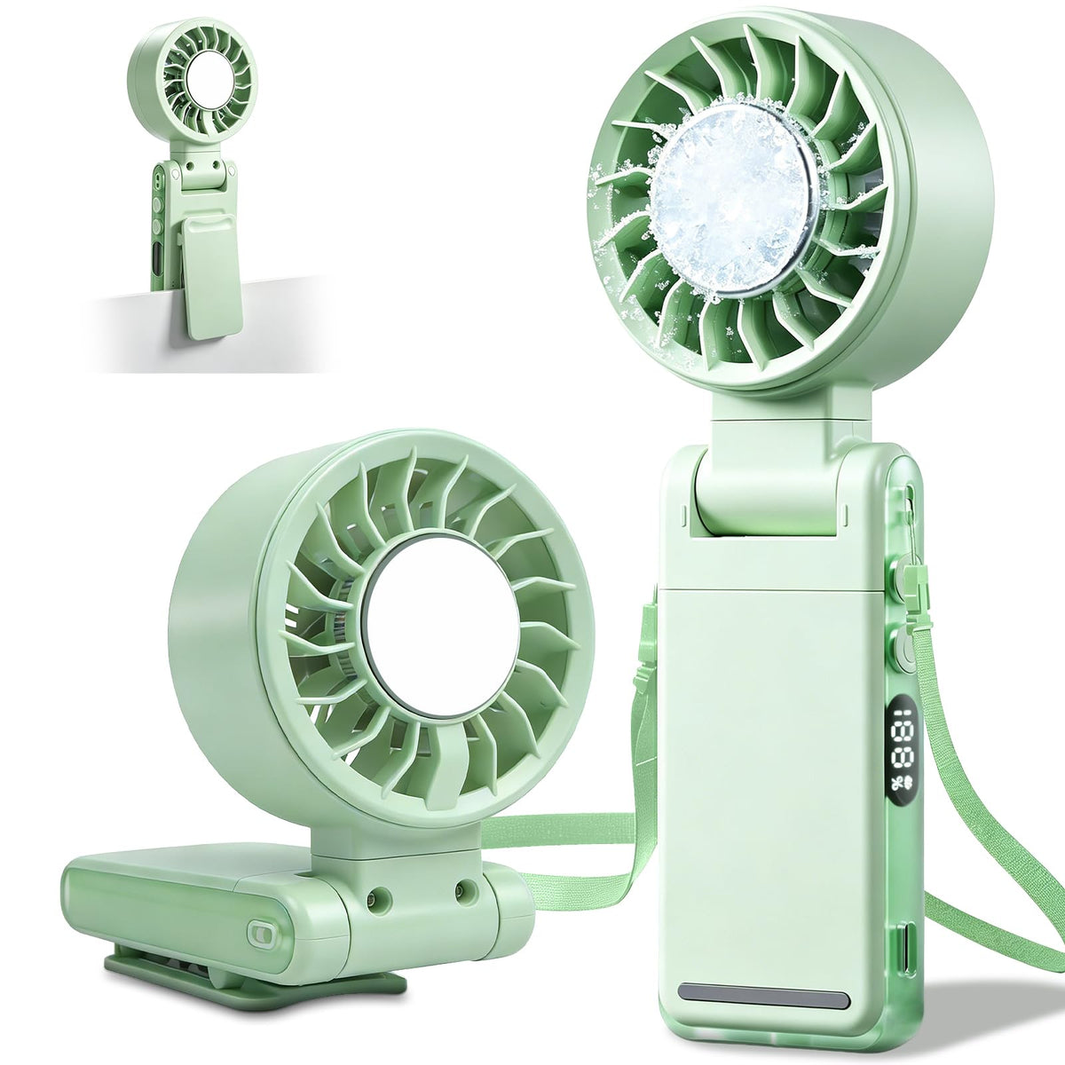 HEEYCEM 4-IN-1 Clip-On Portable Fan Rechargeable Handheld Mini Fan with lce Cooler,5 Gear High Speed 360° Rotatable Small Pocket Fans, for Outdoor, Travel, Beach, and Office (Green)