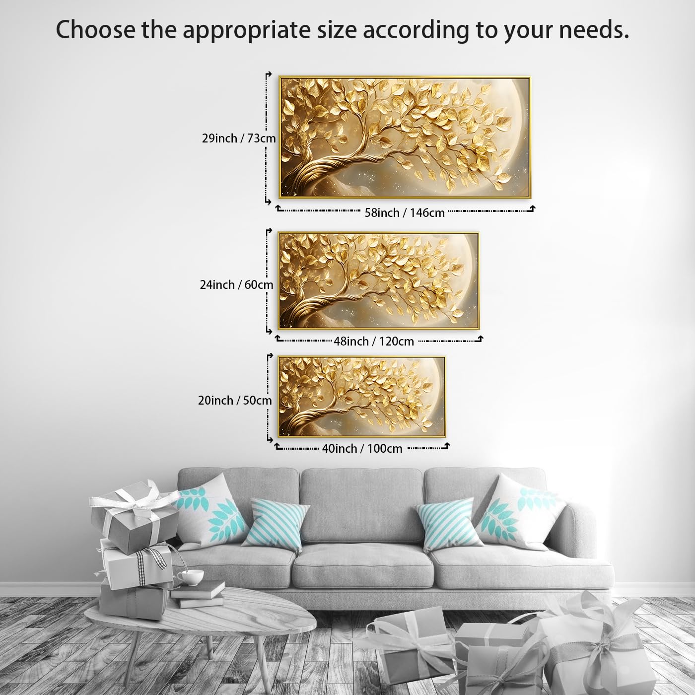 BirdSuite Gold Framed Golden Leaf Money Tree Wall Art, Luxury 3D Effect Canvas Print, Ready to Hang Wall Decor for Living Room Bedroom Office Dining Room Entryway, 58x29 Inch