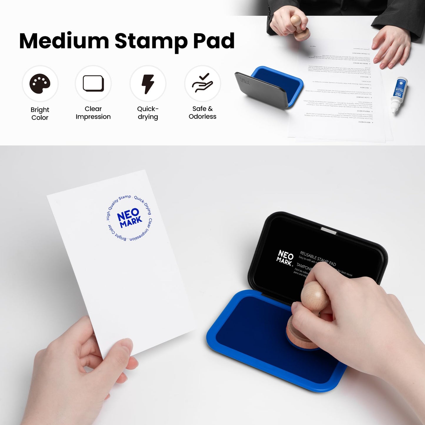 NEO MARK Medium Stamp Pad Kit (1oz Ink Included)-2.8"x 4.4", Magnetic Lid, Premium Quality Felt Stamp Pad (Blue)