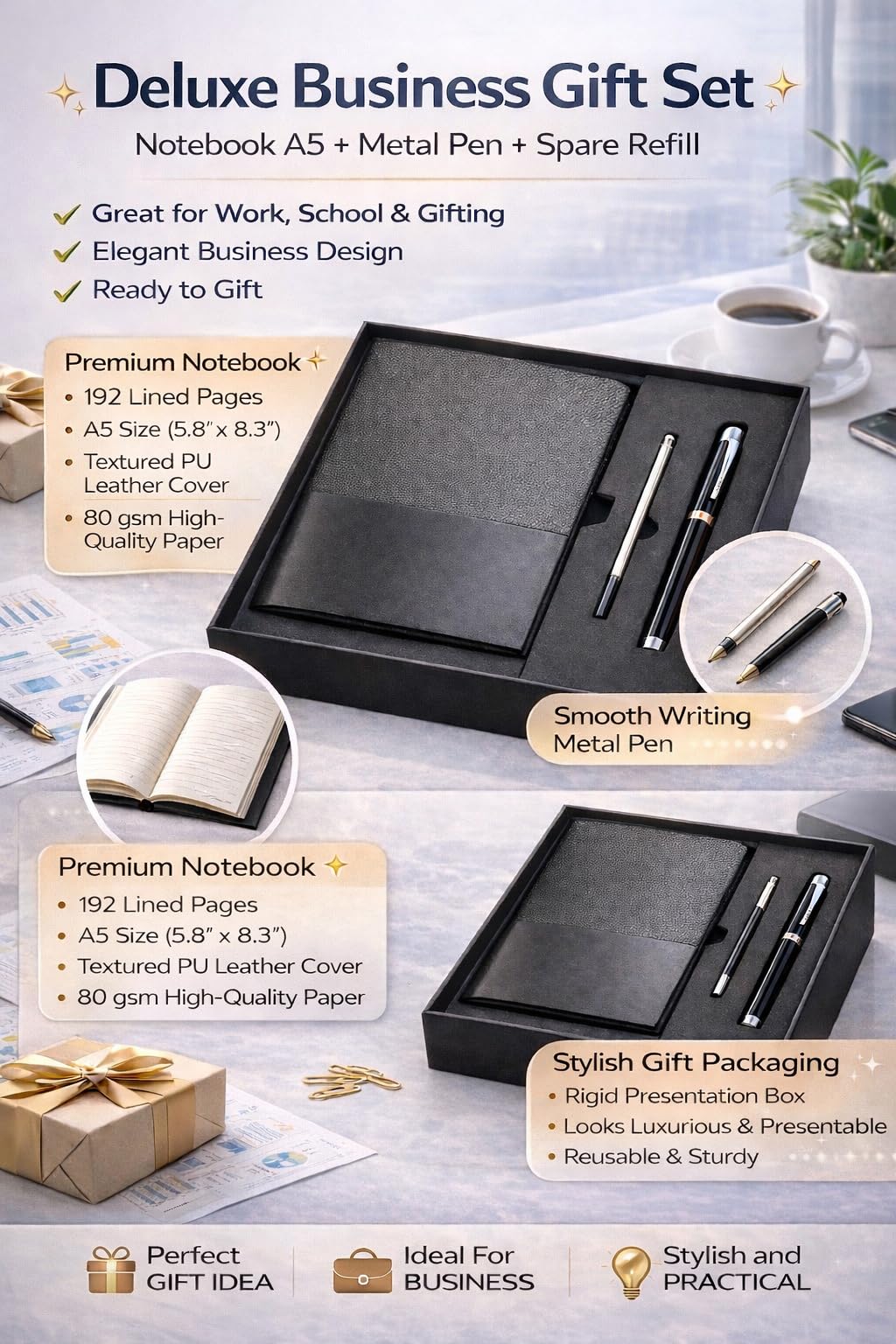 Business Office A5 Soft Leather Notebook Gift Set with Pen, Black, Professional Stationery Set with Premium Pens