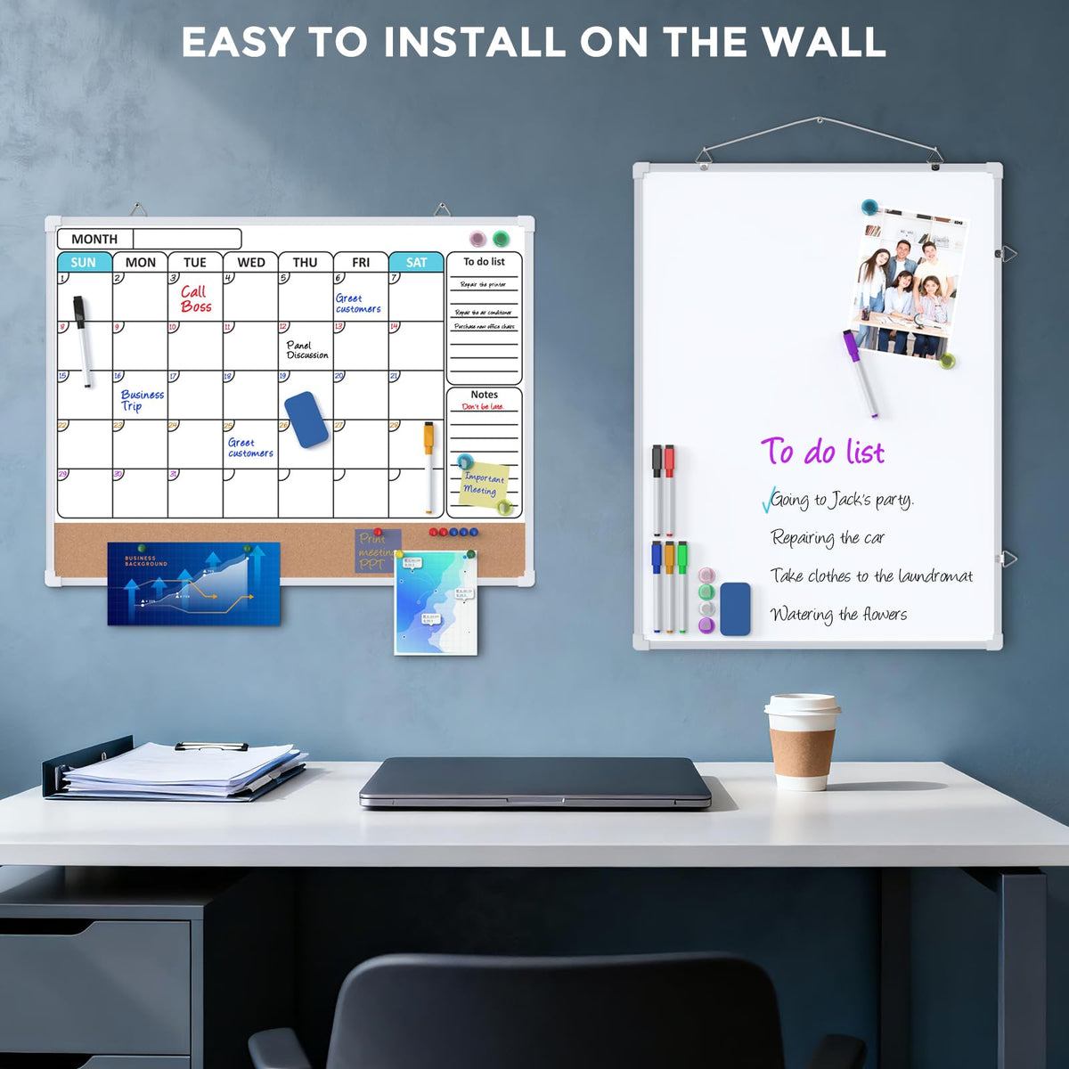 MaxGear Monthly Calendar Whiteboard for Wall, 24" x 18" Double-Sided White Board Calendar with Bulletin Board, Dry Erase Cork Board Combo, Hanging Dry Erase Board for Office Home Kitchen