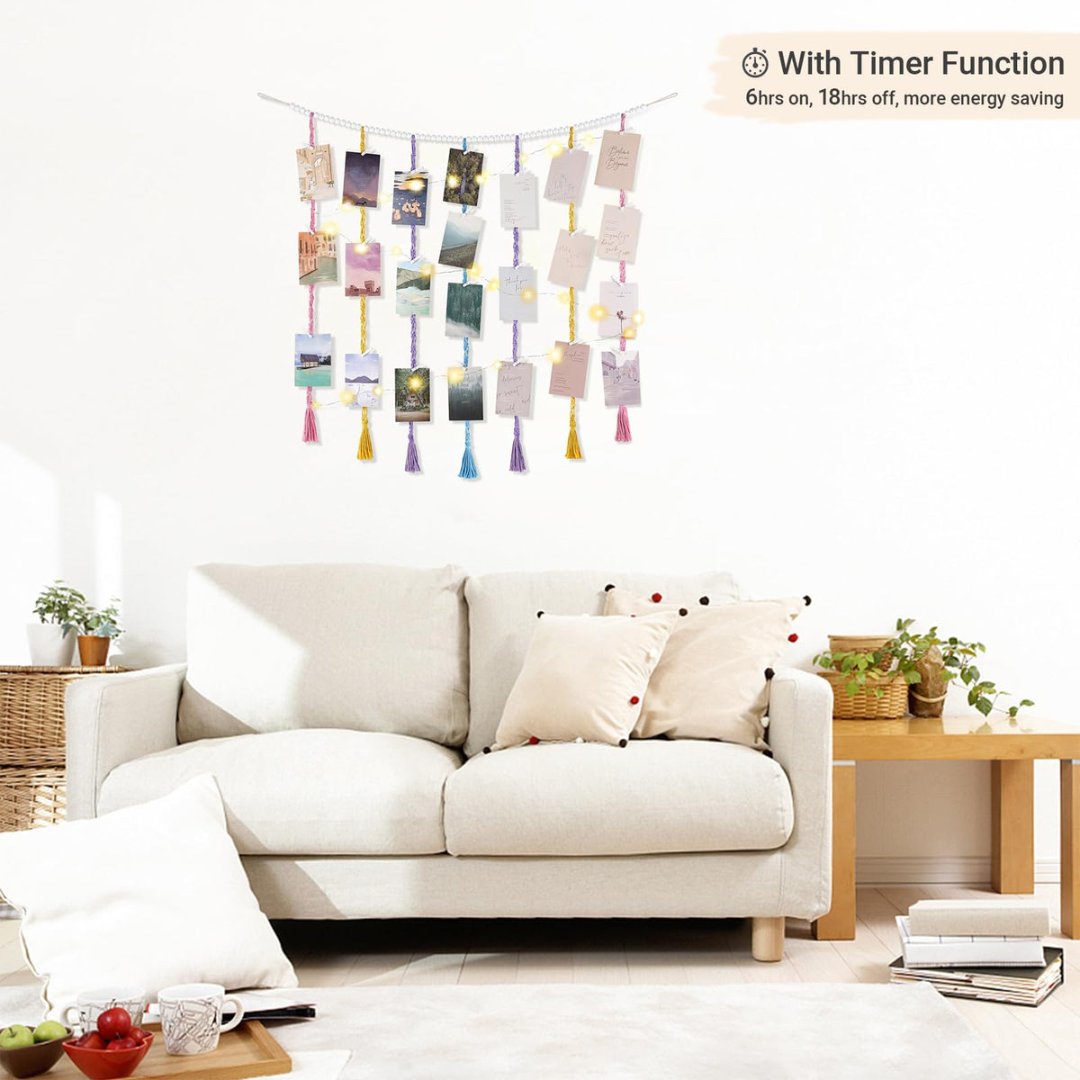Mkono Macrame Hanging Photo Display Wall Decor with String Lights, Boho Wooden Beads Garland Collage Picture Card Frame Holder with 45 Clips for Bedroom Living Room Dorm, Teen Girls Christmas Gifts