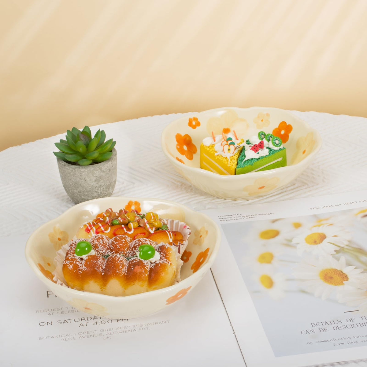 Koythin Salad Bowls, Cute Orange Flower Ceramic Bowls, Cream Yellow Serving Bowl for Pasta, Cereal, Fruit, Soup, Rice, Dishwasher and Microwave Safe (Orange Flower Set of 1)