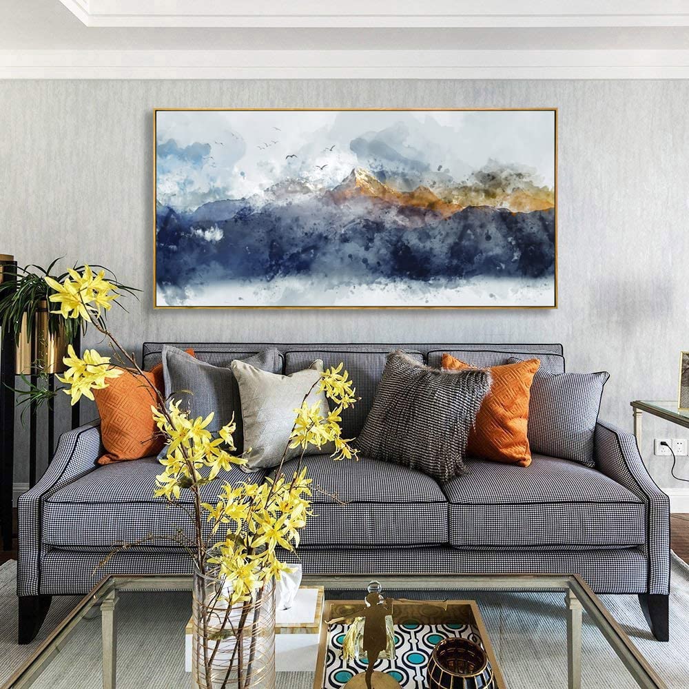 vgrozirh Framed Ready to Hang Wall Art Blue Clouds Yellow Mountain Peaks Indigo Ink Abstract Mountain Landscape Artwork Canvas Painting Prints for Living Room Bedroom Office Large Decor 24"x48"