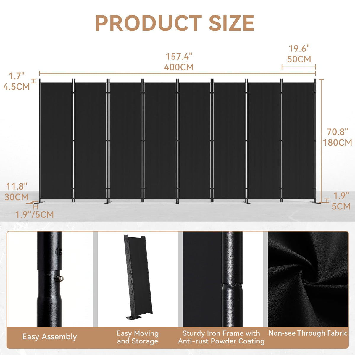 C-Hopetree 8 Panels Room Divider, 6 Ft Tall Indoor Folding Privacy Screen, Portable Partition Separator, Freestanding Separation Temporary Wall for Office, Bedroom, 160" W X 71" H, Black