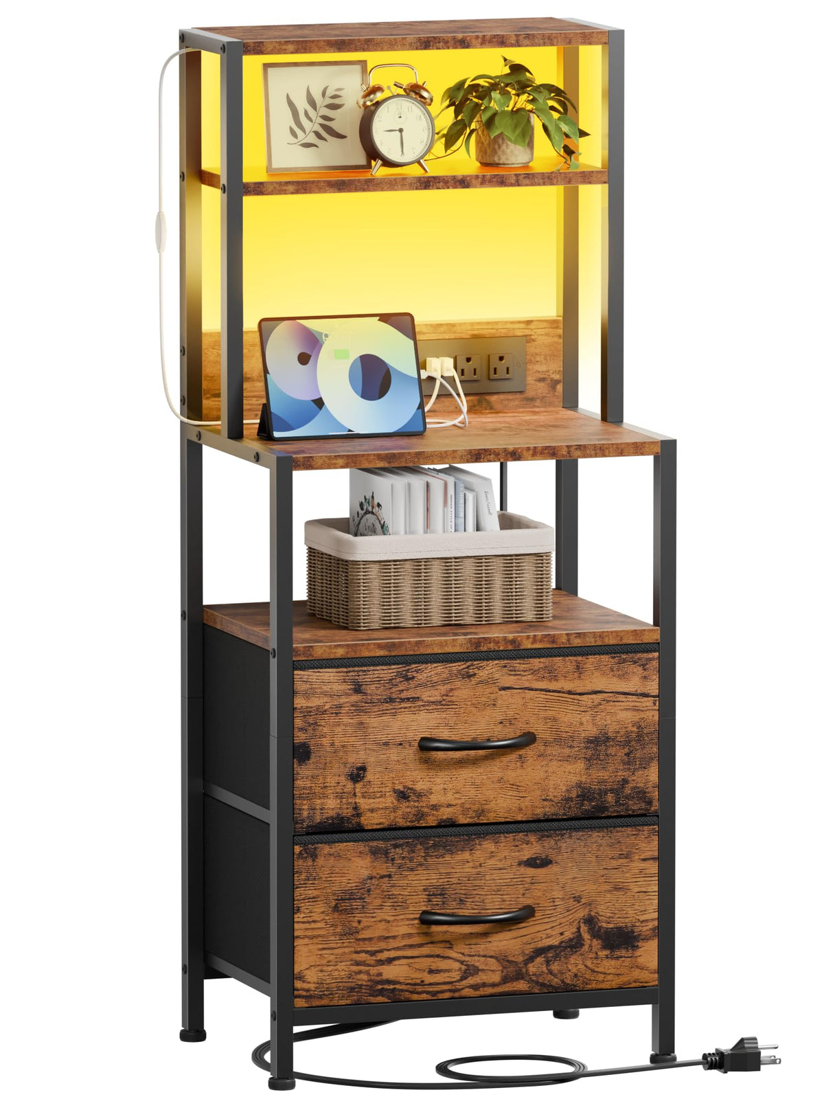 Furnulem Night Stand, Tall Nightstand with 4-Tier Shelves, 2 Fabric Drawers and LED Lights, Bed Side Tables with Charging Station, Bedside Table for Bedroom, Office, Rustic Brown