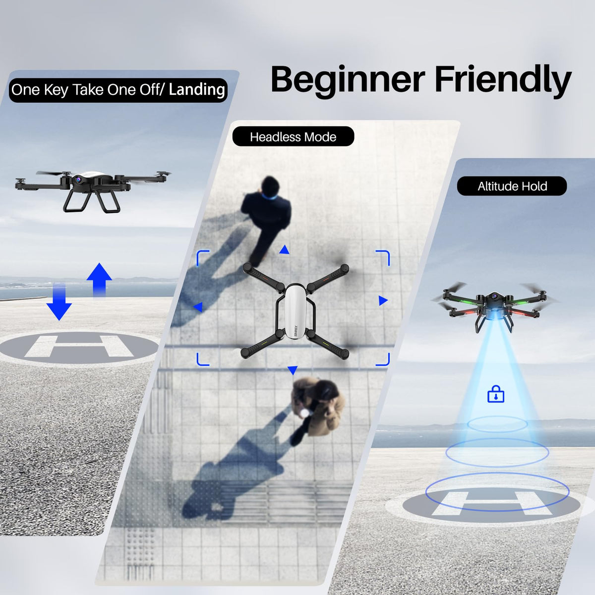 SIMREX X900 Drone Optical Flow Positioning RC Quadcopter with 1080P HD Camera, Altitude Hold Headless Mode, Foldable FPV Drones WiFi Live Video 3D Flips 6axis RTF Easy Fly Steady for Learning Matte White