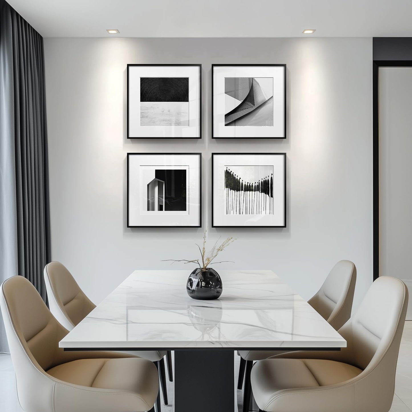 Framed Modern Canvas Wall Art Set of 4 Piece, Black and White Abstract Picture Prints, Geometric Line Minimalist Paintings Artwork for Bedroom, Living Room, Hallway and Office 12x12 Inch