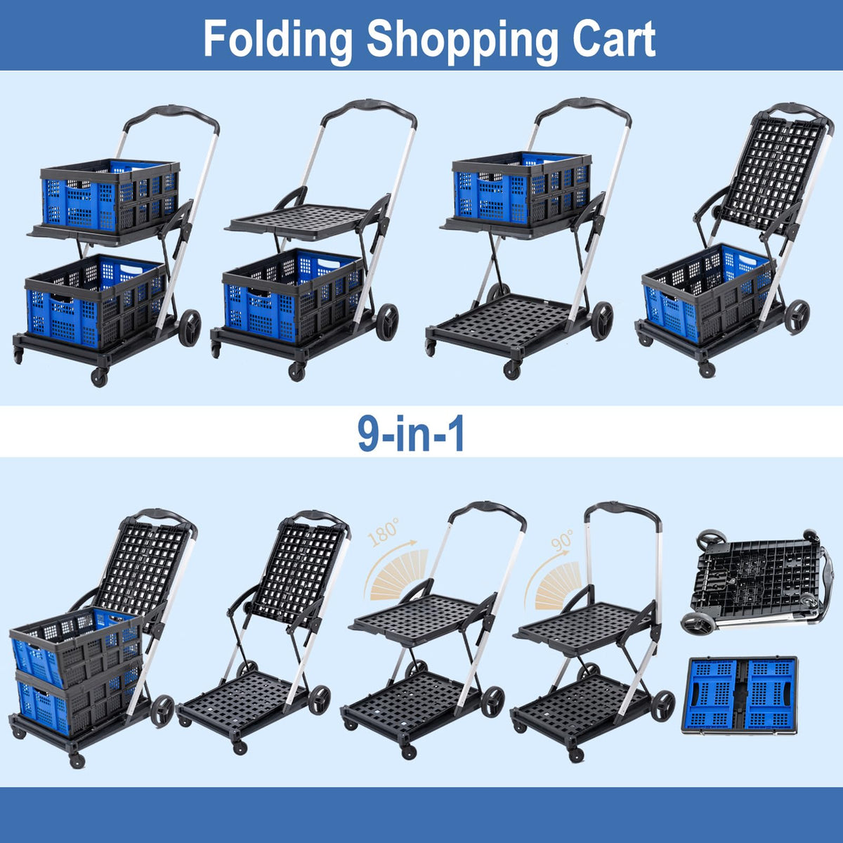 Collapsible Shopping Cart with Wheels,2 Tier Multi Use Foldable Shopping Cart with 2 Storage Crates,Folding Shopping Trolley Utility Cart for Office,Groceries, Warehouse,Supermarket,Picnic (Blue)