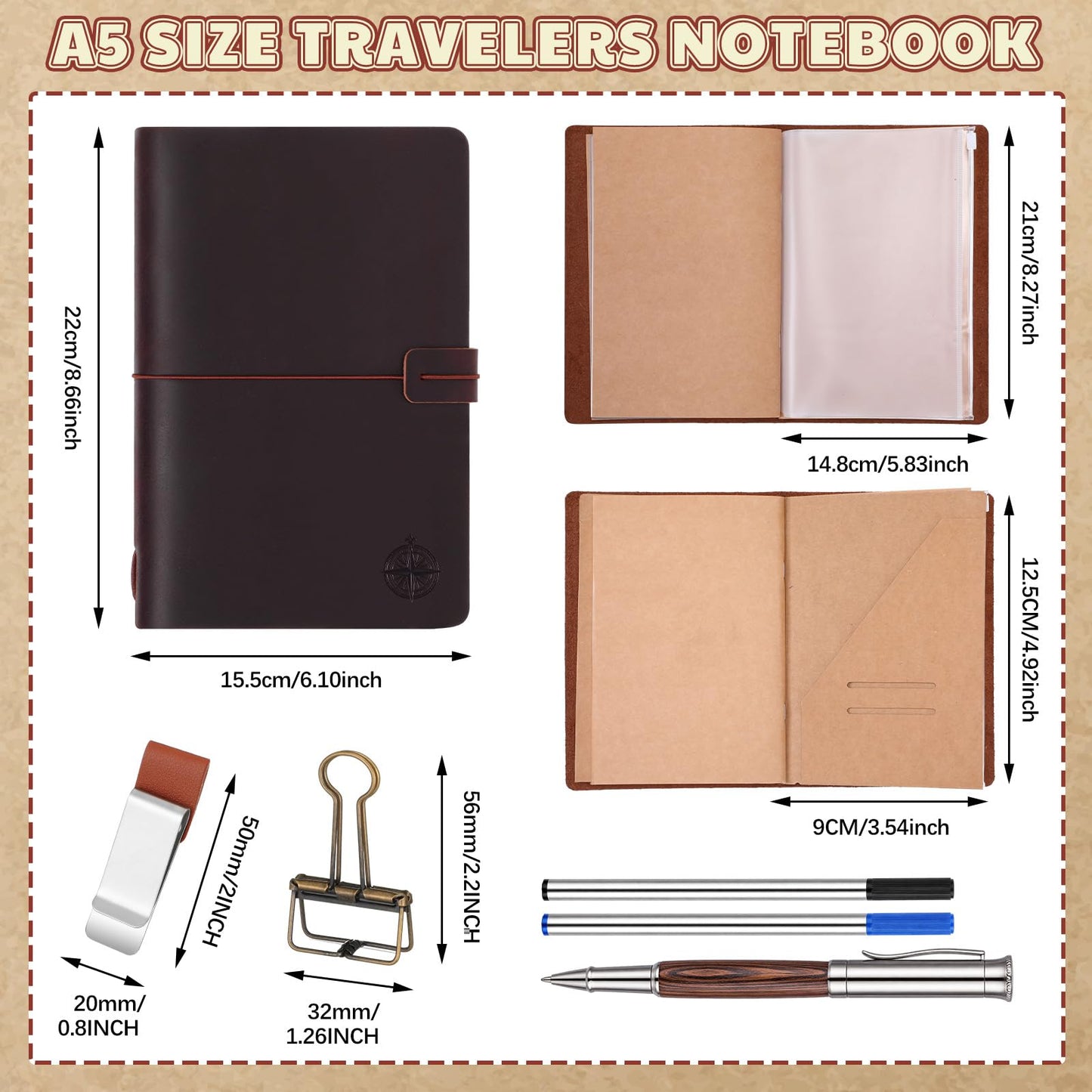 Thenshop Travelers Refillable Leather Journal Notebook Travel Diary Handmade Passport Travelers Journal for Men and Women with 3 Notebook Inserts, Pen Holder, Binder Clip