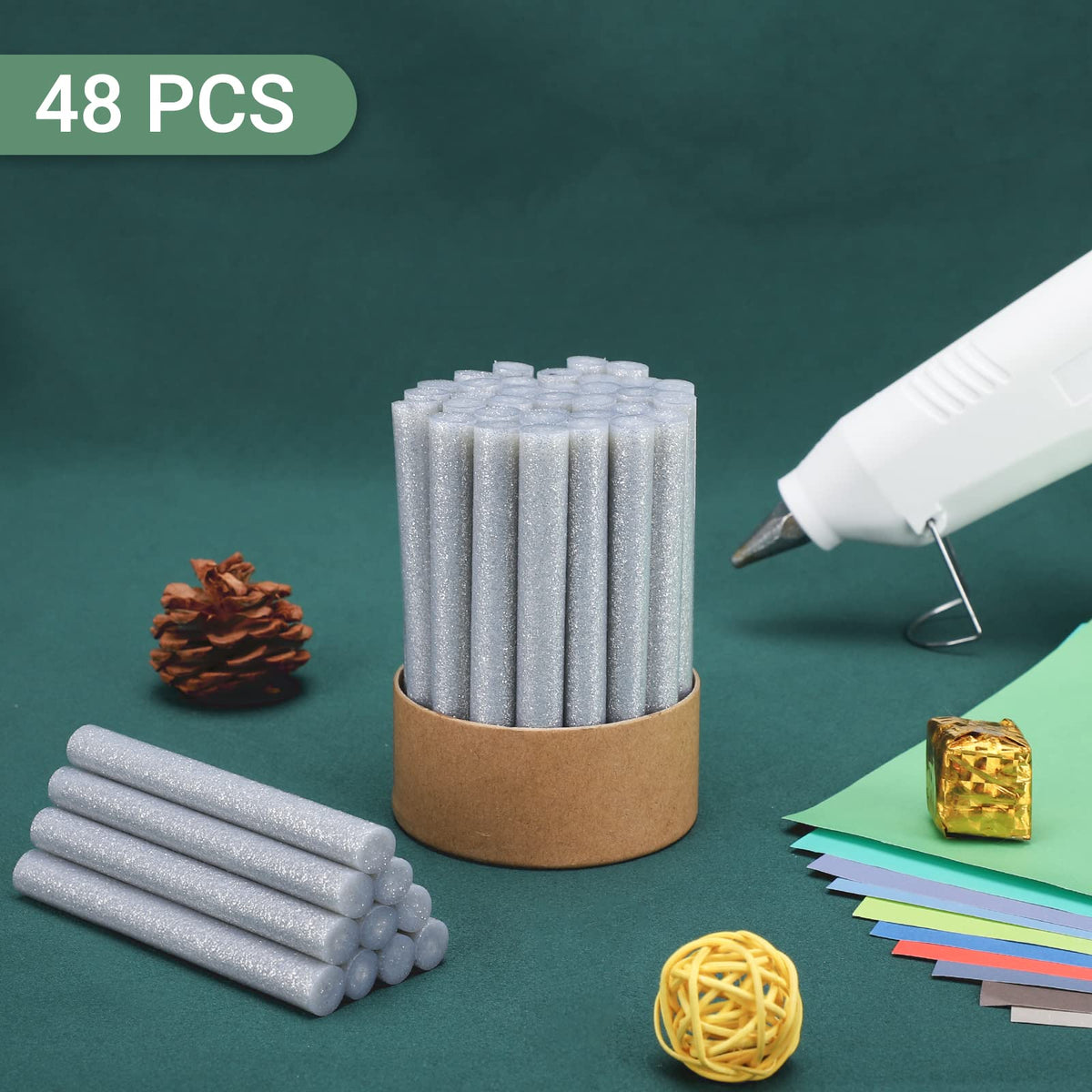 Glitter Silver Hot Glue Sticks, Manarty 48 PCS Full Size 0.43" Dia x 4" Long Hot Melt Glue Sticks, Adhesive EVA Glue Sticks Standard for Office Project Seal Stamp DIY Art Craft Decoration