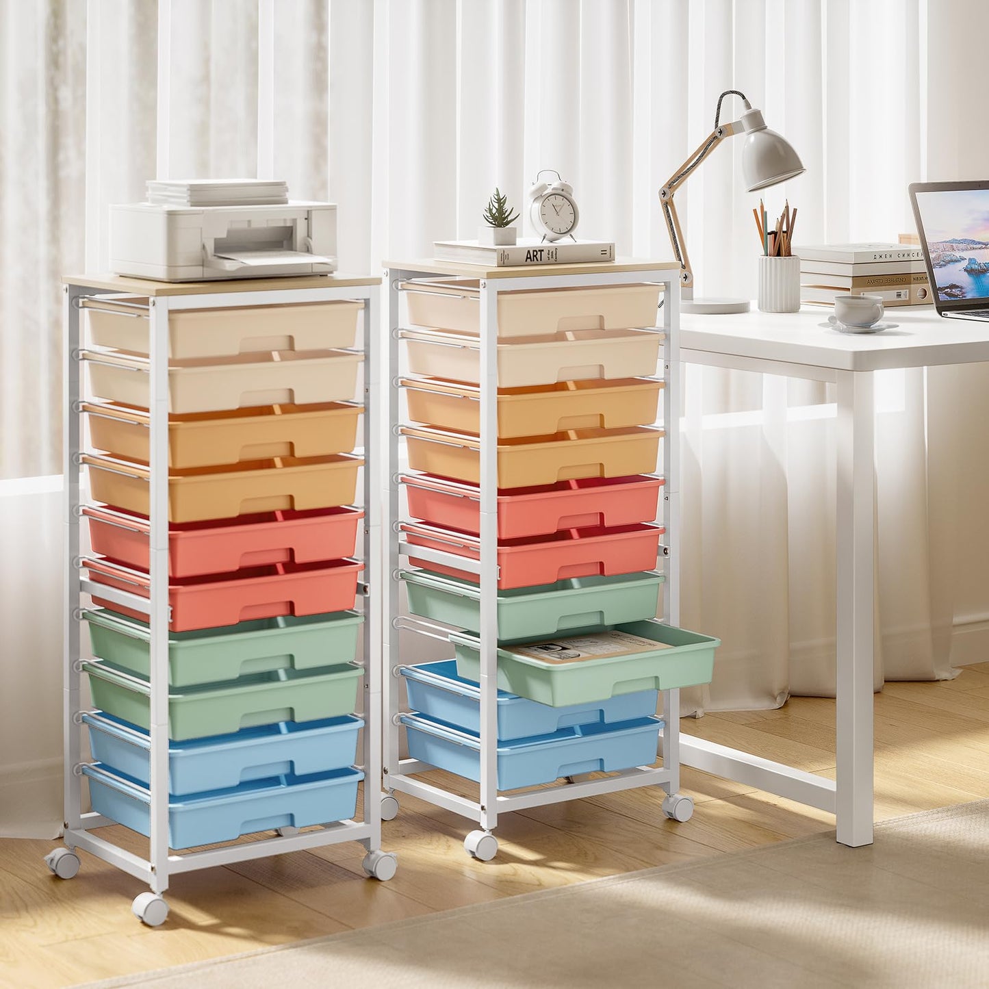 SYKIARIOL Rolling Cart with Drawers,10 Drawer Rolling Cart,Storage Cart with Wheels,Utility Cart with Drawers,Teacher Cart for Classroom Storage,Craft Cart with Wheels and Wooden Tabletop,Rainbow
