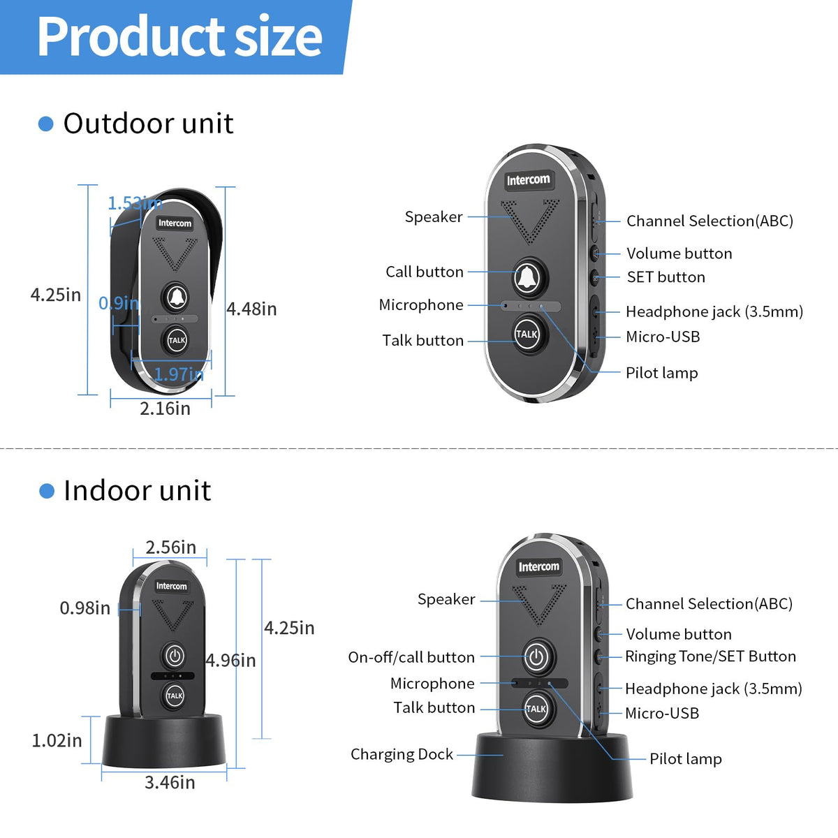 PANDAR Wireless Doorbell with Speaker Voice Intercom,Two Way Talk Intercom with 3 Channel, 3 Level Volume,4900ft Long Range,Battery Operated Wireless Intercoms for Home Office Classroom Cafe