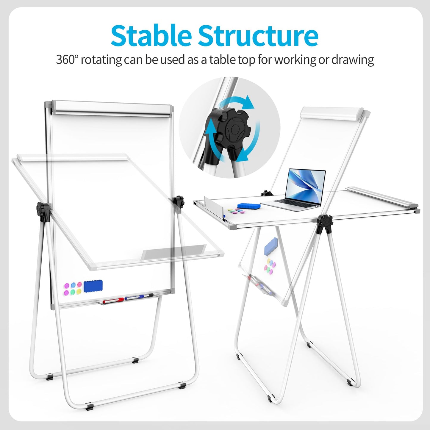 U Stand Double Sided Magnetic Dry Erase Board with Easel Stand, 40"x28" Whiteboard with Flipchart Paper Pad (25 Sheets)- Height Adjustable Standing Whiteboard for Office, Homeschooling & Studio, White