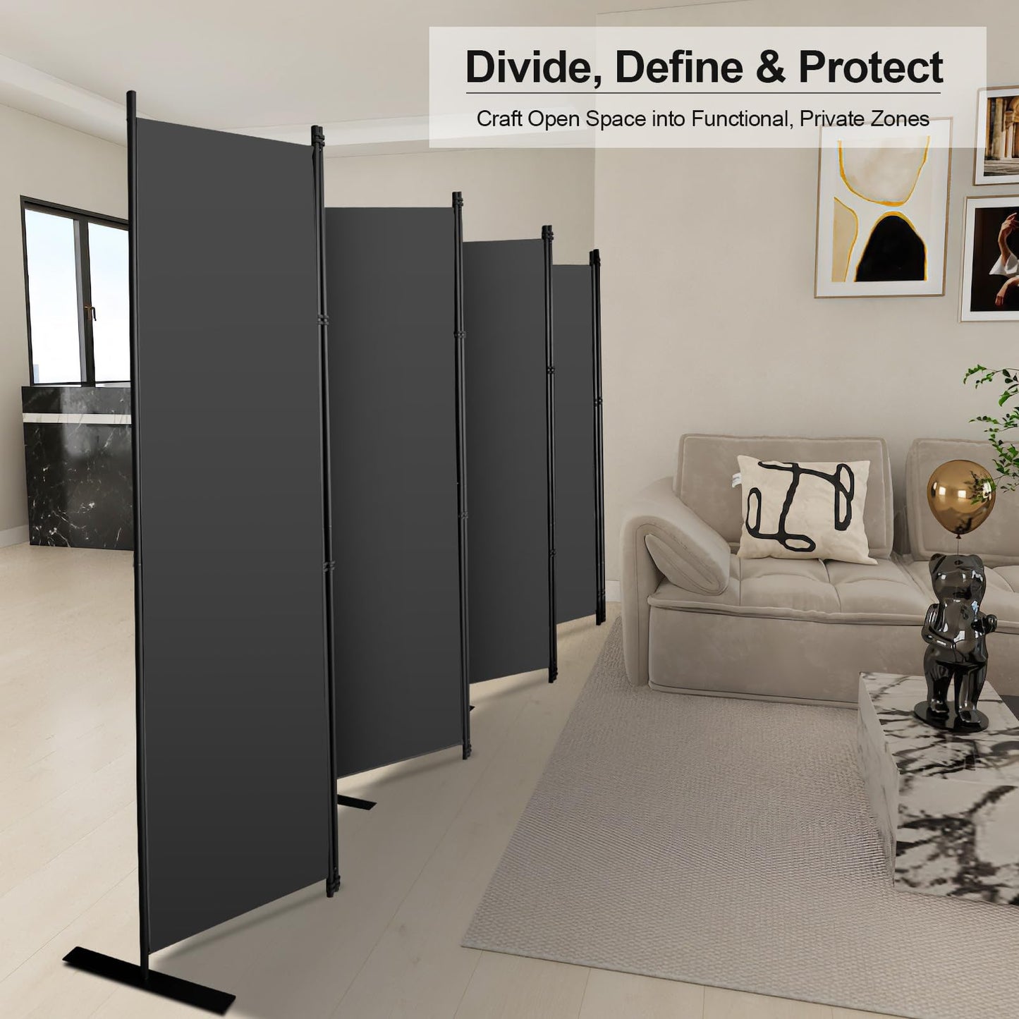 MAYOLIAH 8 Panel Room Divider 6ft Tall Freestanding Privacy Screen 160'' W Portable Office Partition, Grey