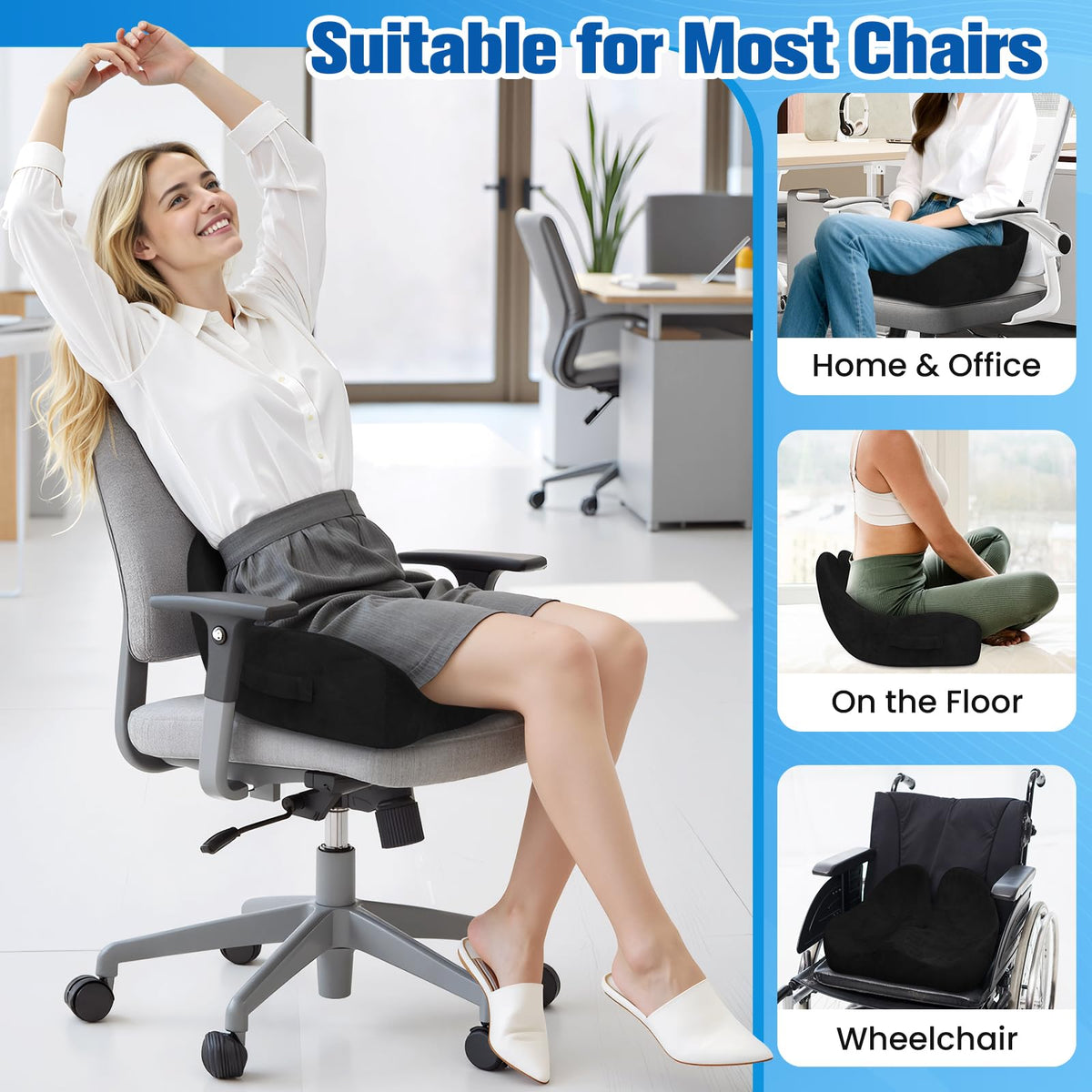 DailyCuddles Seat Cushion, Chair Cushions for Office Chairs/Desk Seats/Wheelchair - Hip&Sciatica&Tailbone Pain Relief Memory Foam Office Chair Cushion for Long Sitting Office Workers, Black