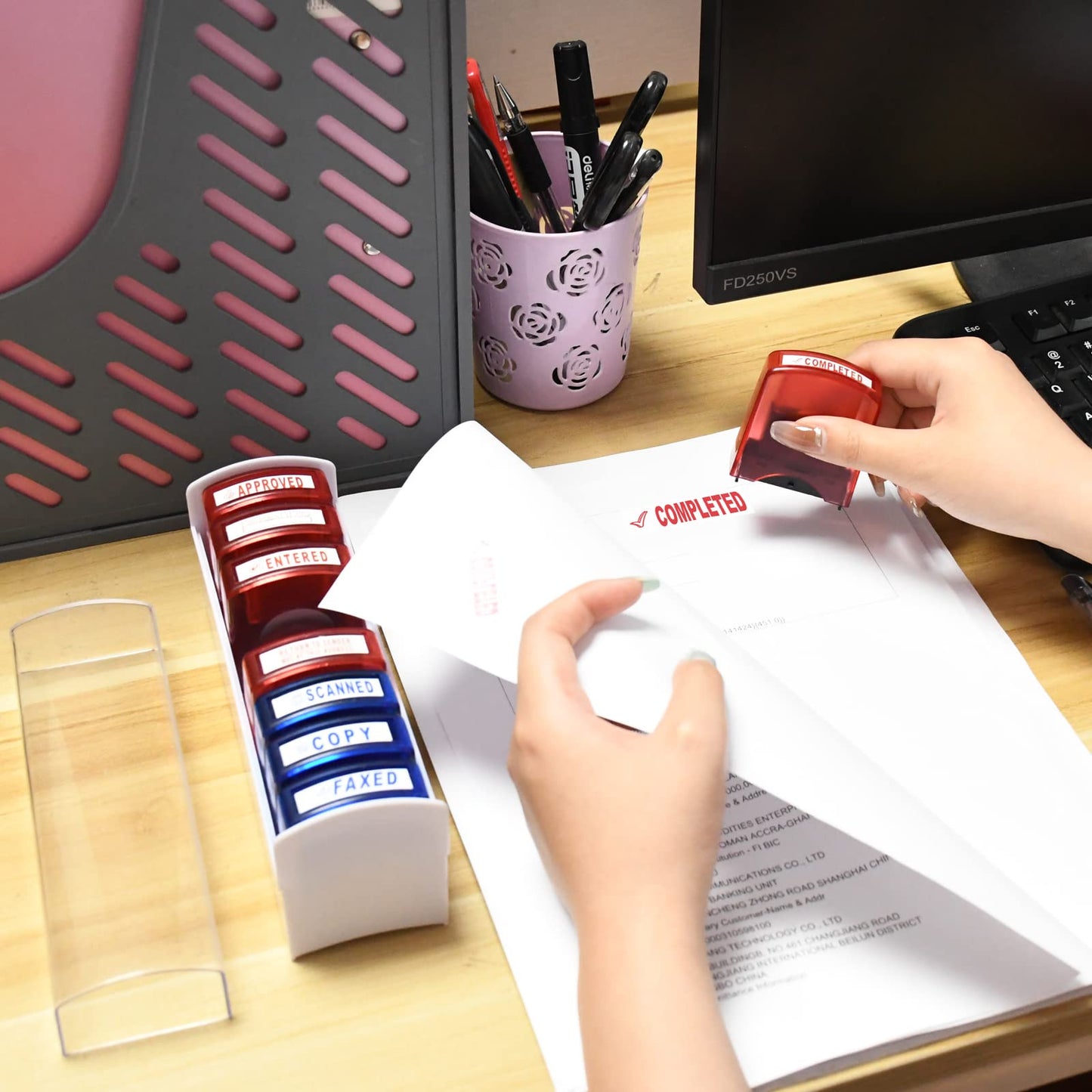 Bertiveny 8 PCS Self-Inking Rubber Stamp Set for Office Stamps Business Stamp Message Account Stamp Paper Work Text Ink Stampers Approved Paid Completed Copy Faxed Scanned Stamps with Plastic Tray
