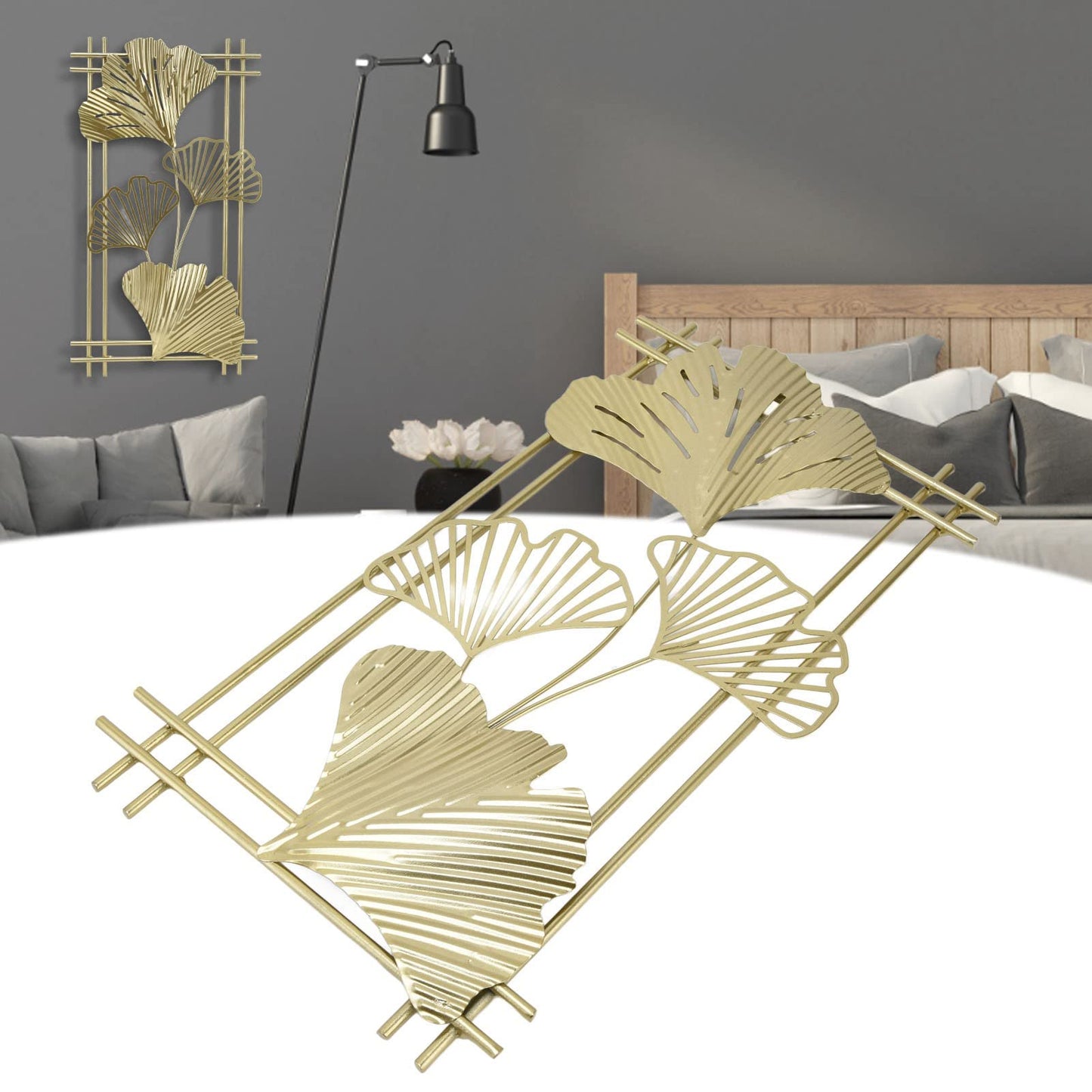 Omabeta Gold Metal Wall Decor, Aristocratic Luxurious Golden Leaf Wall Sculpture Assembly Free Elegant for Hotel
