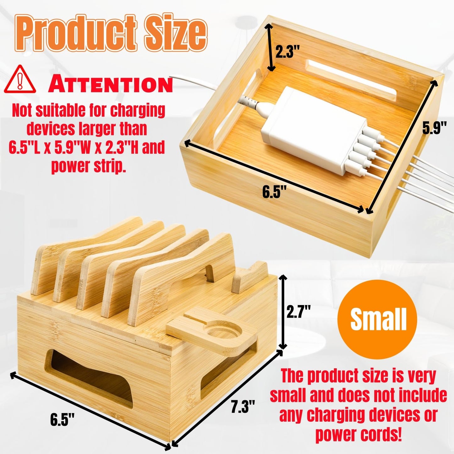 Acshio Bamboo Charging Station for Multi Devices, Small Desktop Docking Stand, Cell Phone Docking Station Charger Organizer for Tablets, Smart Watch (No USB Charger No Charging Cables)